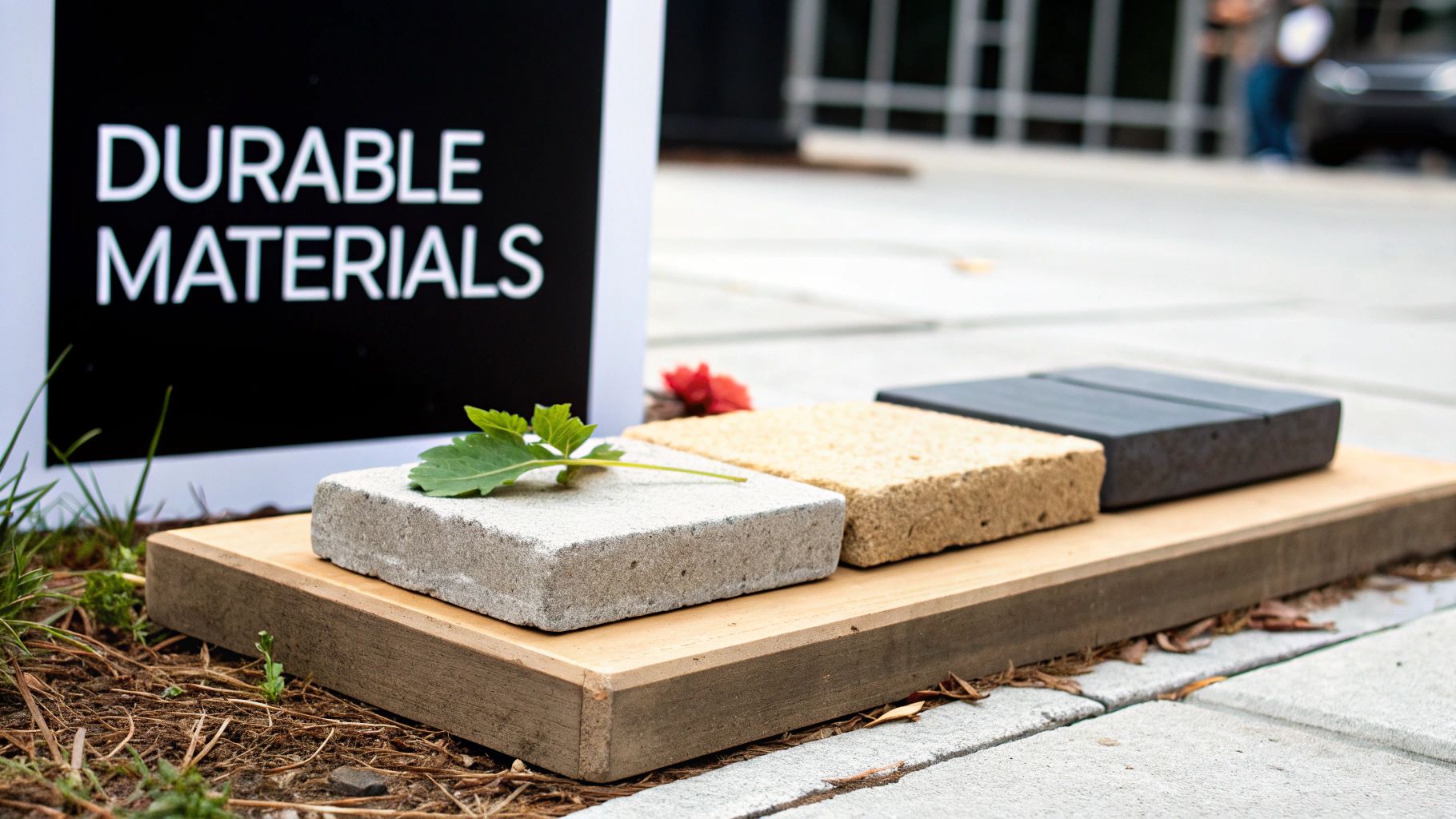 Three durable material samples, in light gray, tan, and dark gray, displayed on a wooden board next to a sign that says 'DURABLE MATERIALS'.