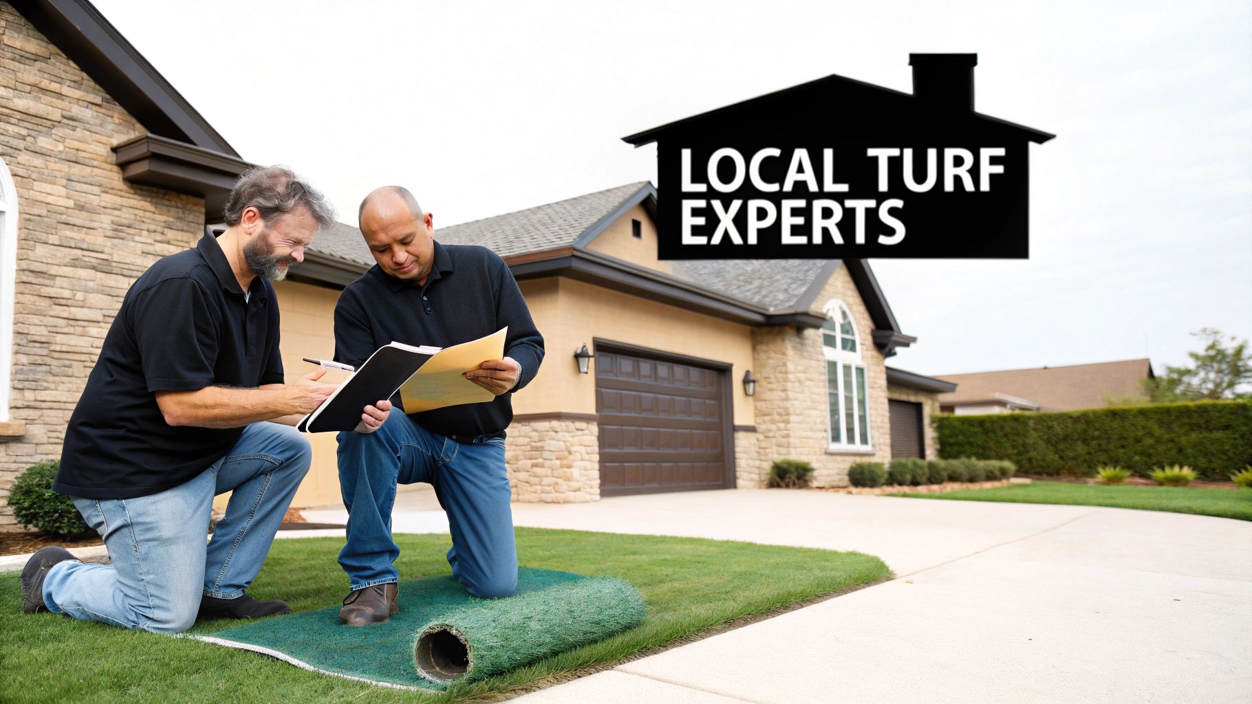 Two workers kneeling, discussing artificial turf installation in a residential yard near a house.