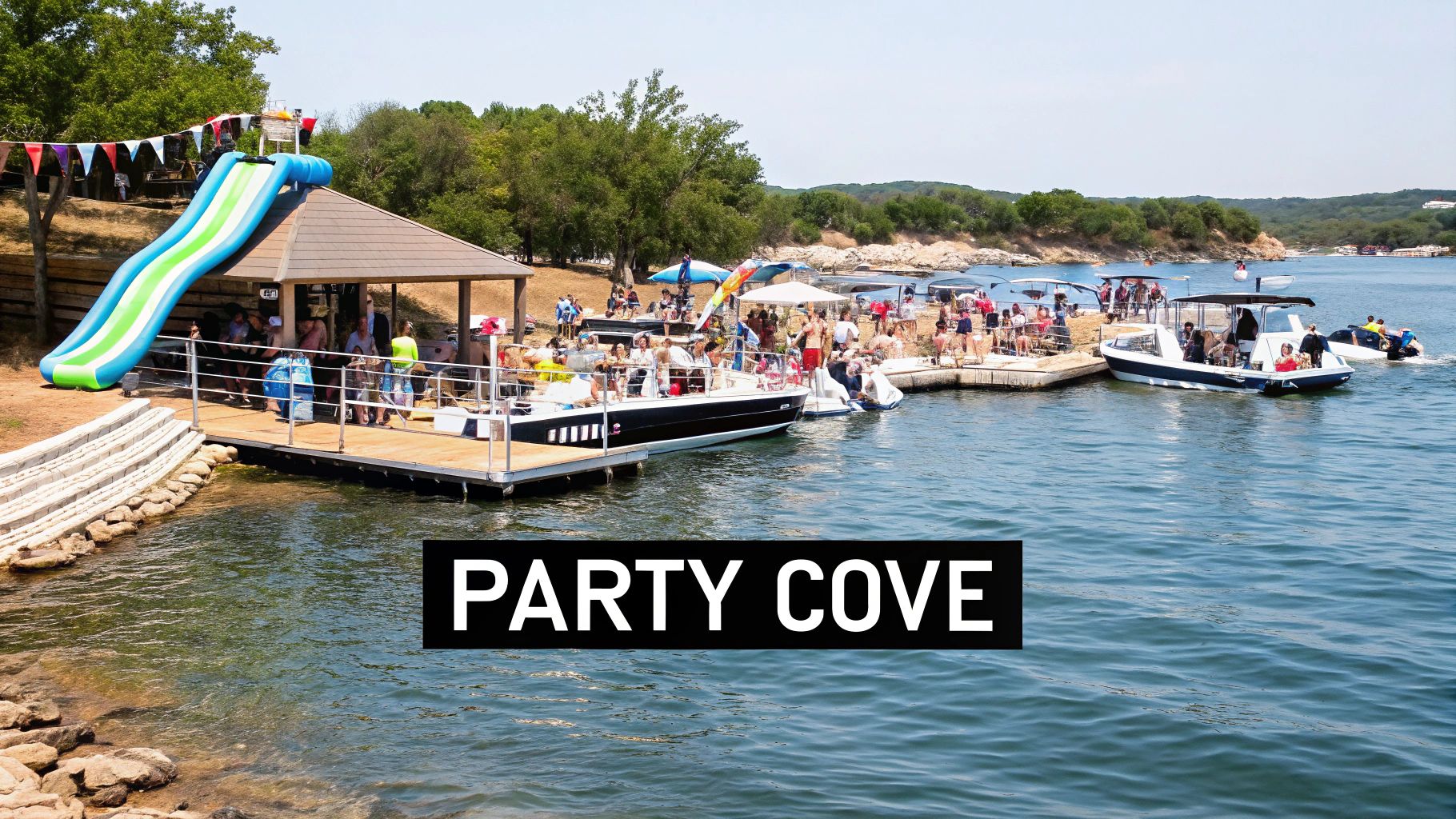A vibrant lake party scene with multiple boats, people, a waterslide, and a covered deck on a sunny day.