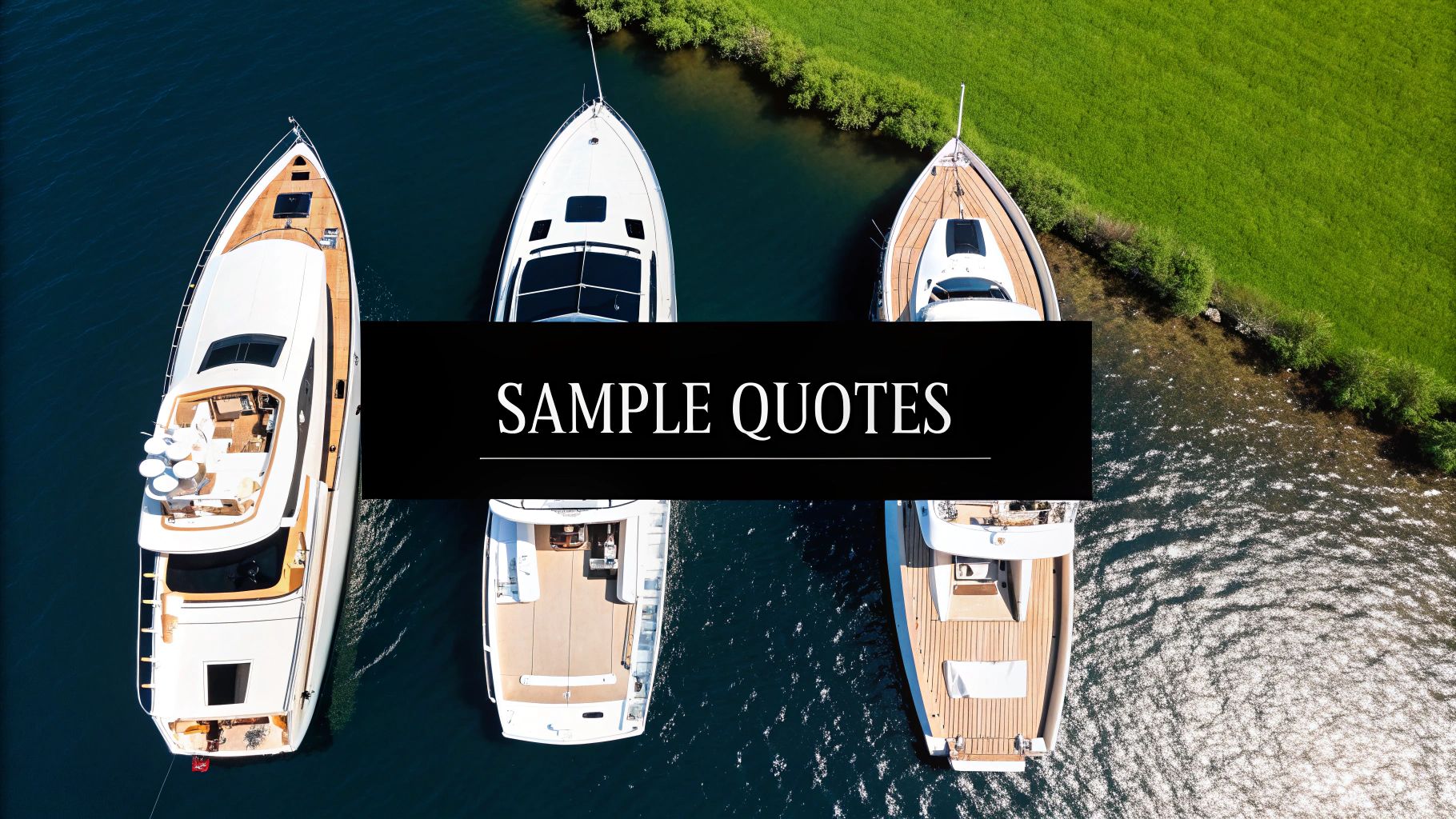 Aerial view of three luxury yachts moored in clear blue water next to a green coastline.