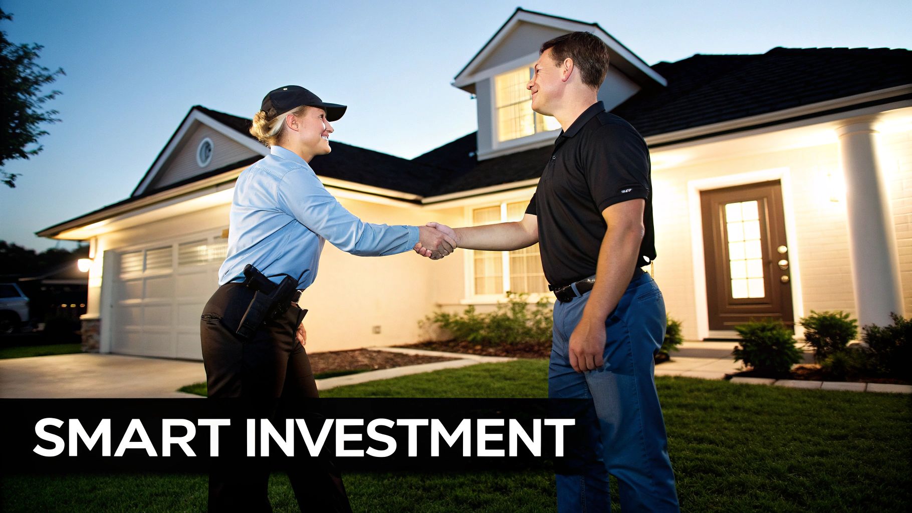 A security professional in uniform shakes hands with a homeowner in front of a modern house with accent lighting at dusk.