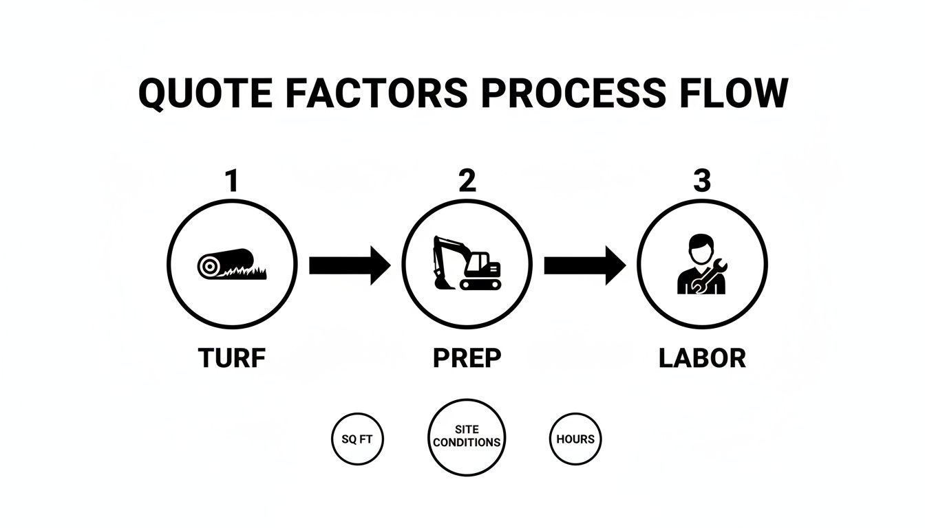 Flow chart detailing quote factors for turf installation, including turf, prep, labor, square footage, site conditions, and hours.