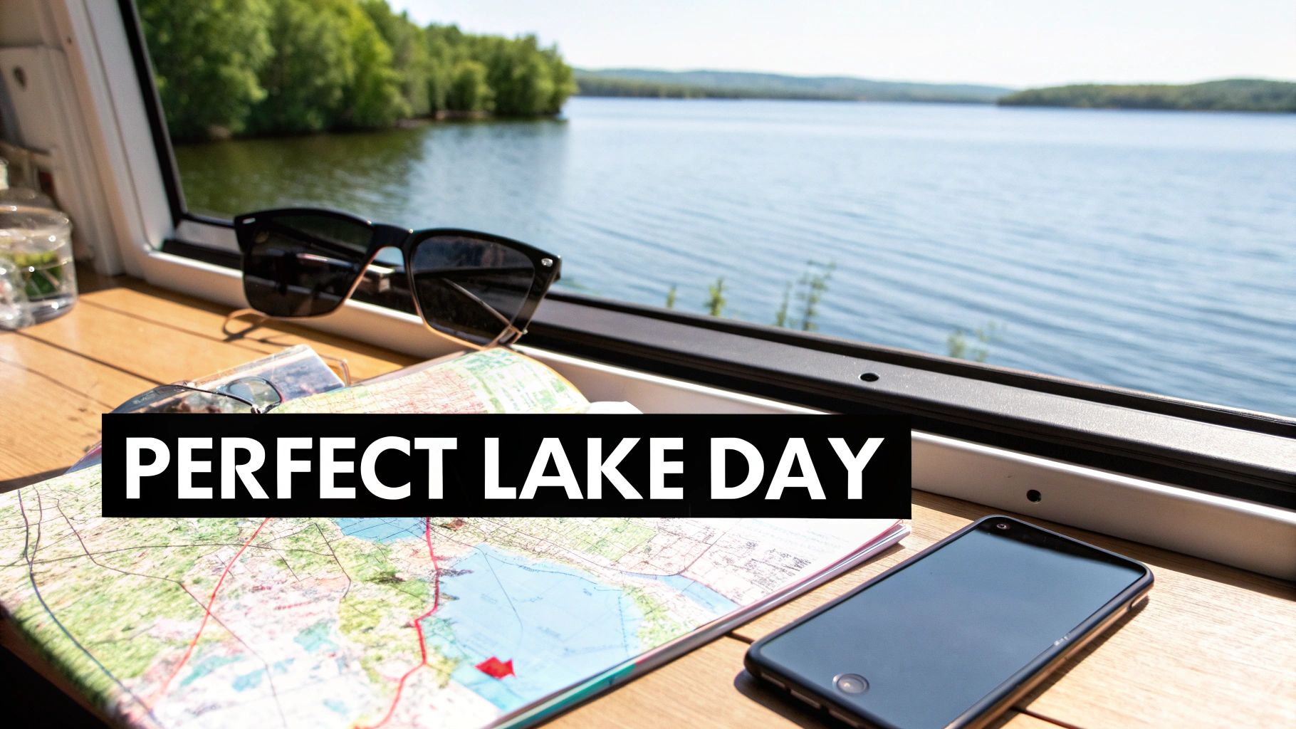 A wooden table with sunglasses, a map, and a smartphone next to a window overlooking a tranquil lake.