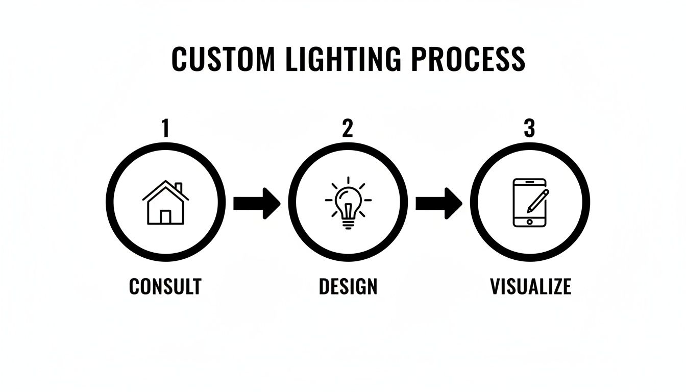 A three-step diagram illustrating the custom lighting process: Consult, Design, and Visualize.