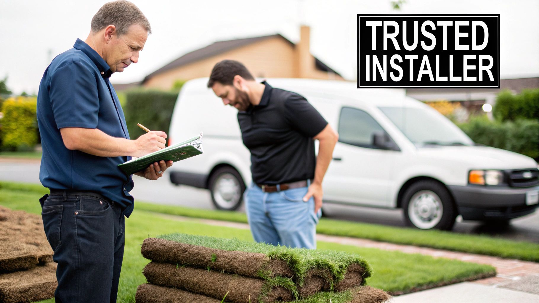Trusted installers examining plans and rolls of synthetic turf for a landscaping project.