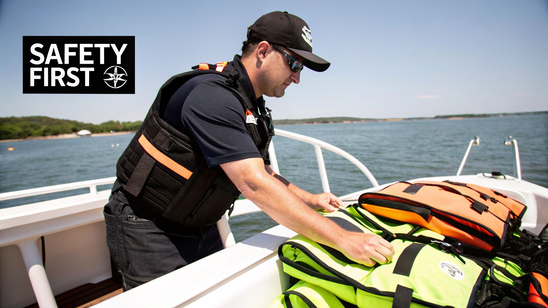 A man in a safety vest on a boat organizing bright life jackets, emphasizing water safety.