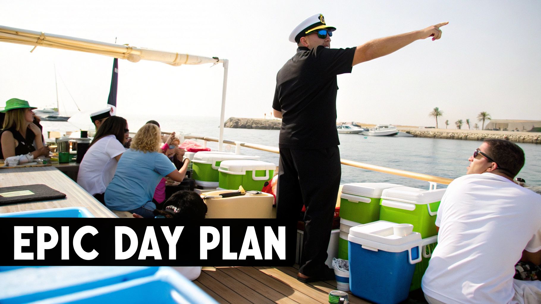 A captain in sunglasses points from a boat as passengers relax with coolers under the sun.