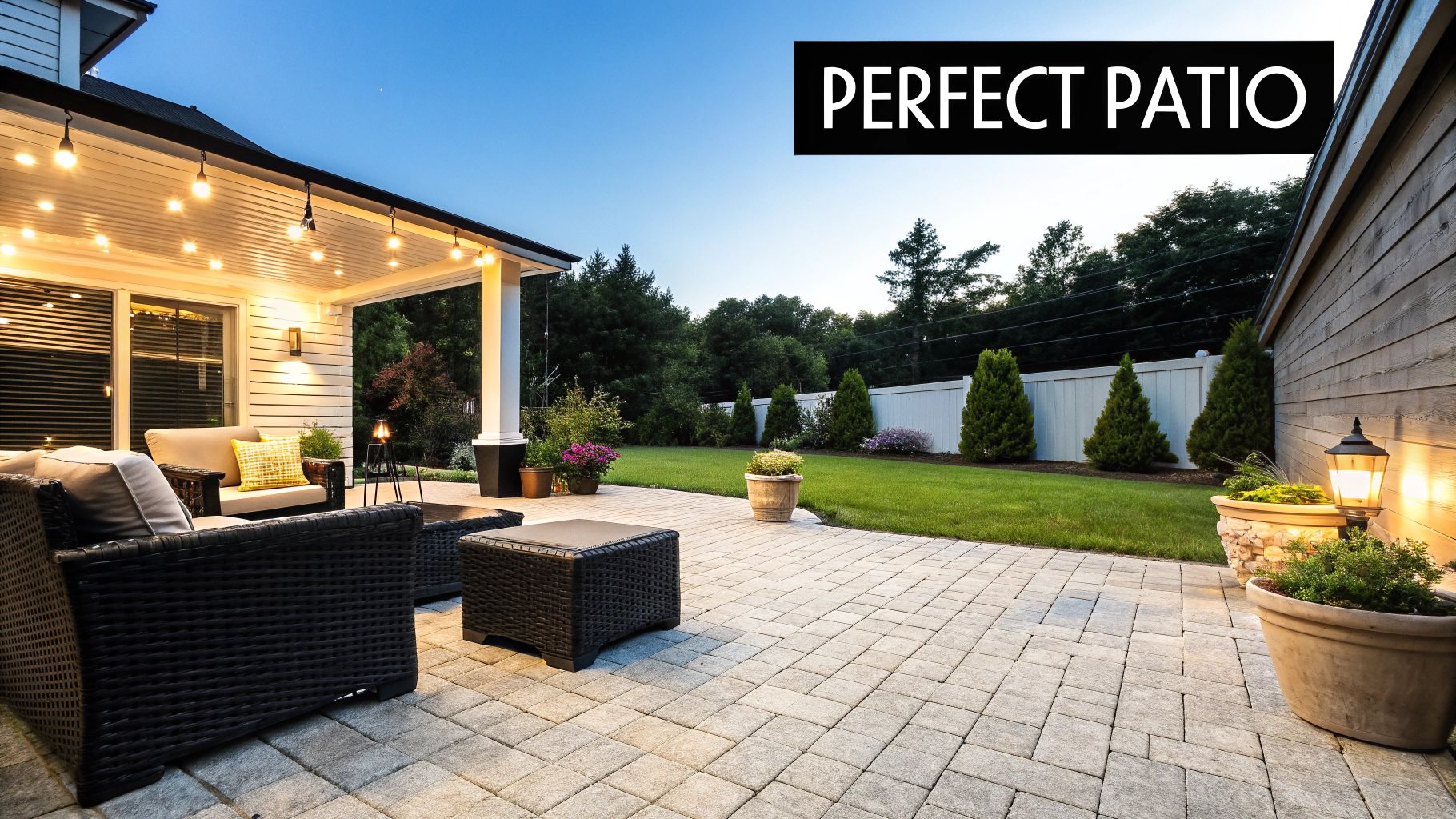 A beautiful, modern paver patio with comfortable outdoor furniture in an Austin backyard.