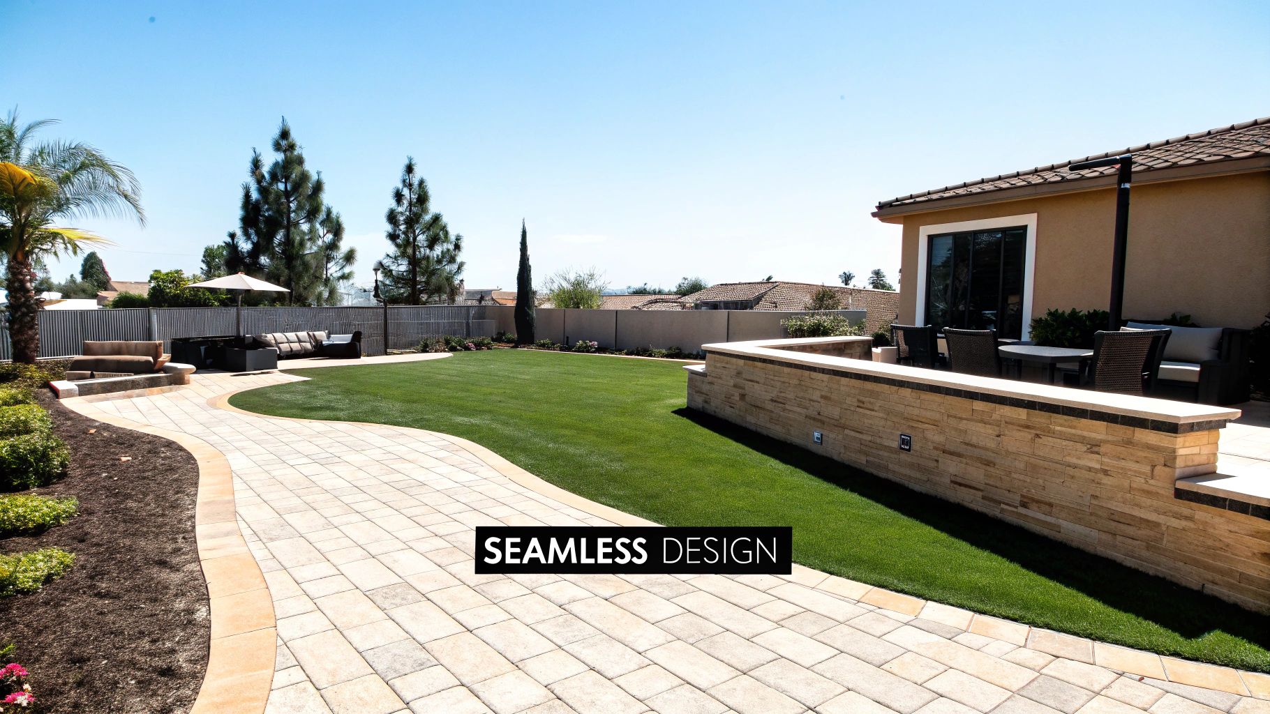 Expansive backyard with a curved paver walkway, vibrant green lawn, and outdoor living areas.