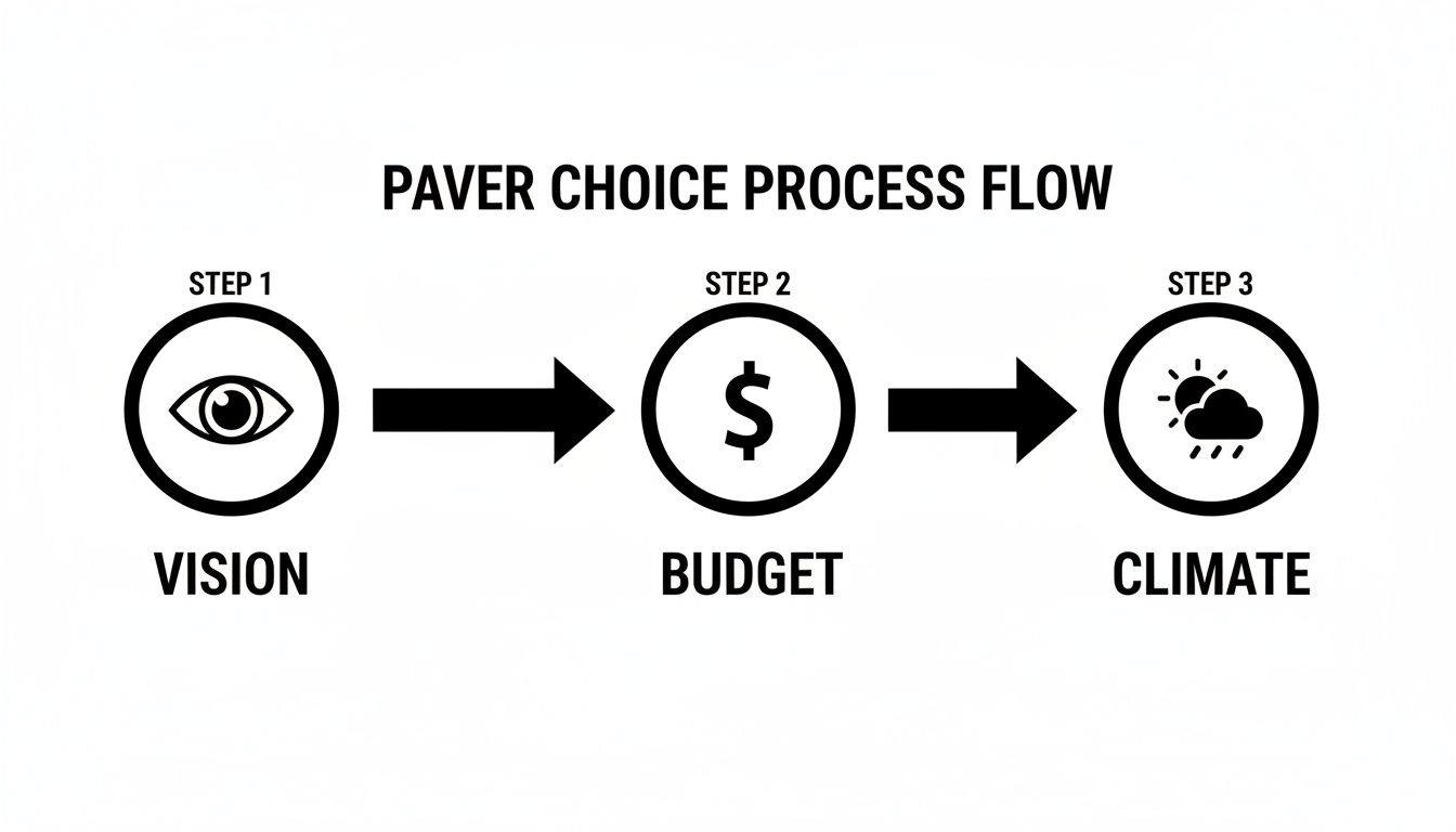 Three-step paver choice process flow diagram showing Vision, Budget, and Climate icons.