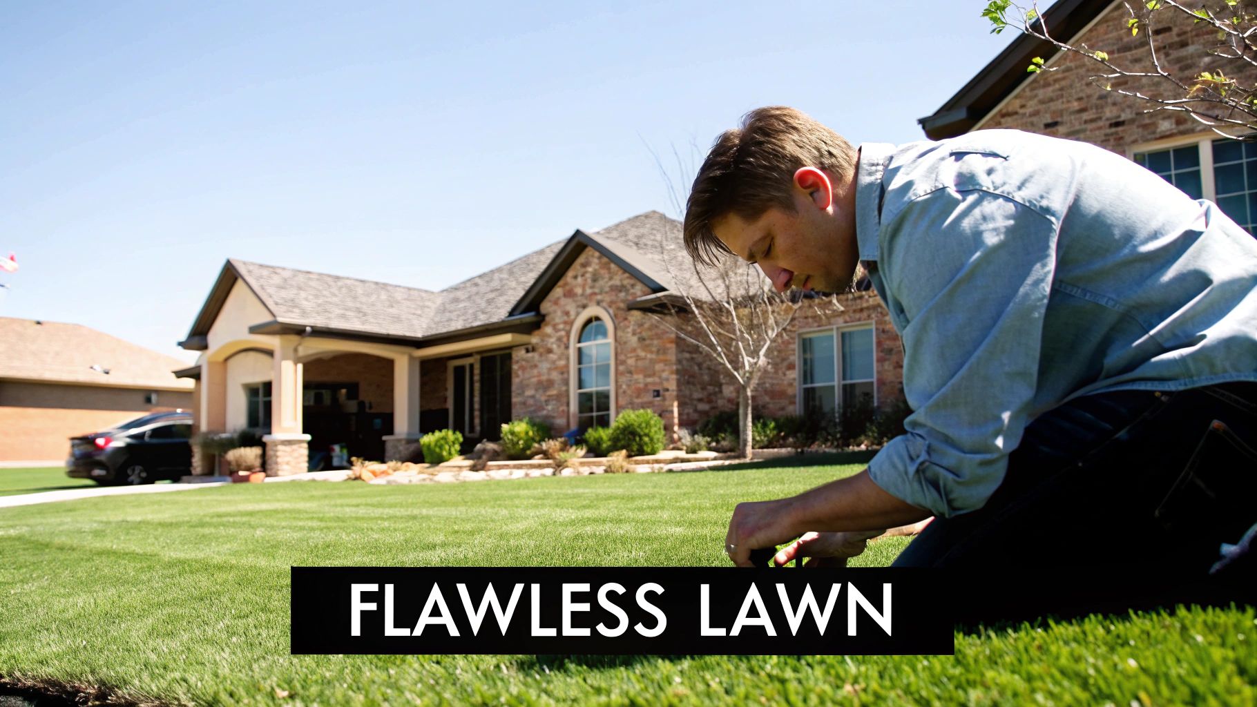 A professionally installed artificial turf lawn in a residential backyard, looking green and perfect.