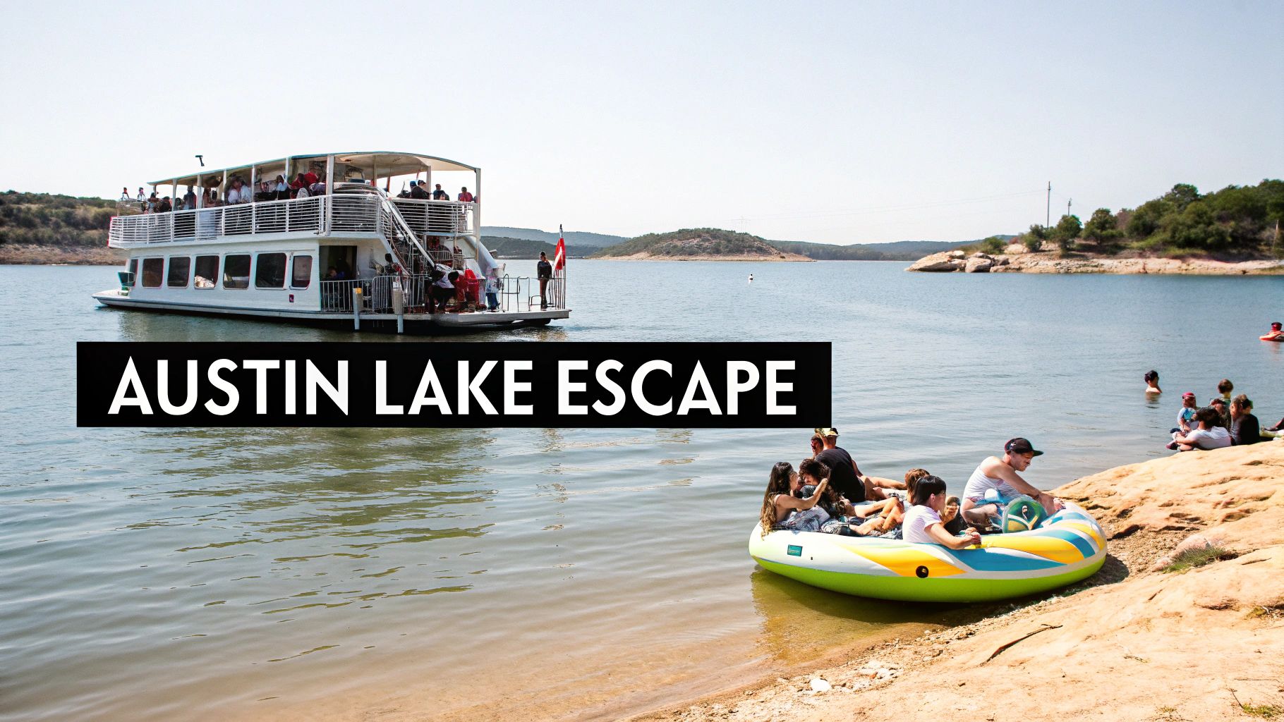 People enjoying a party boat and lake escape in Austin, Texas, with others by the shore.