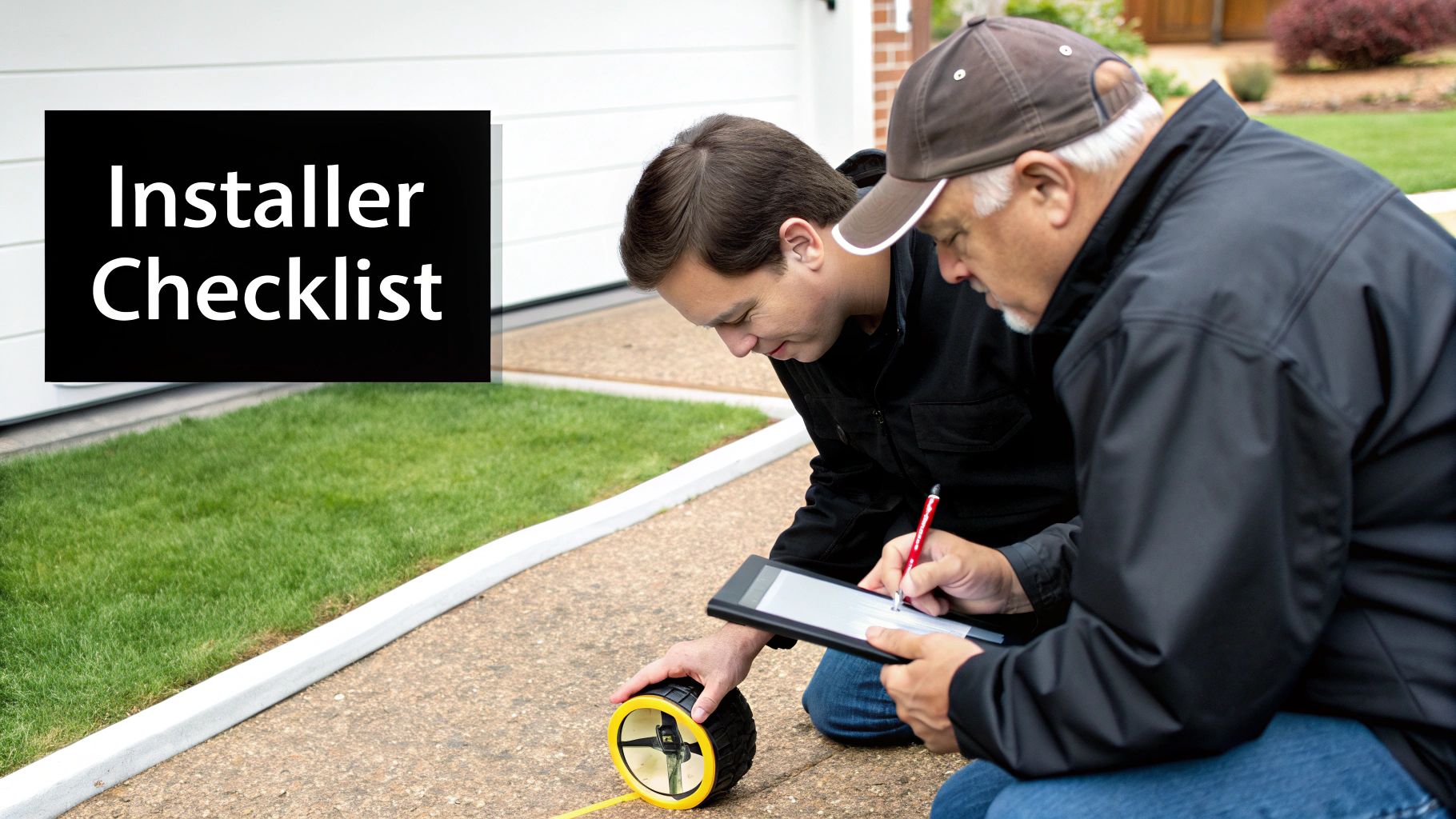 Two installers review a checklist, one measuring with a tool, the other noting on a tablet.