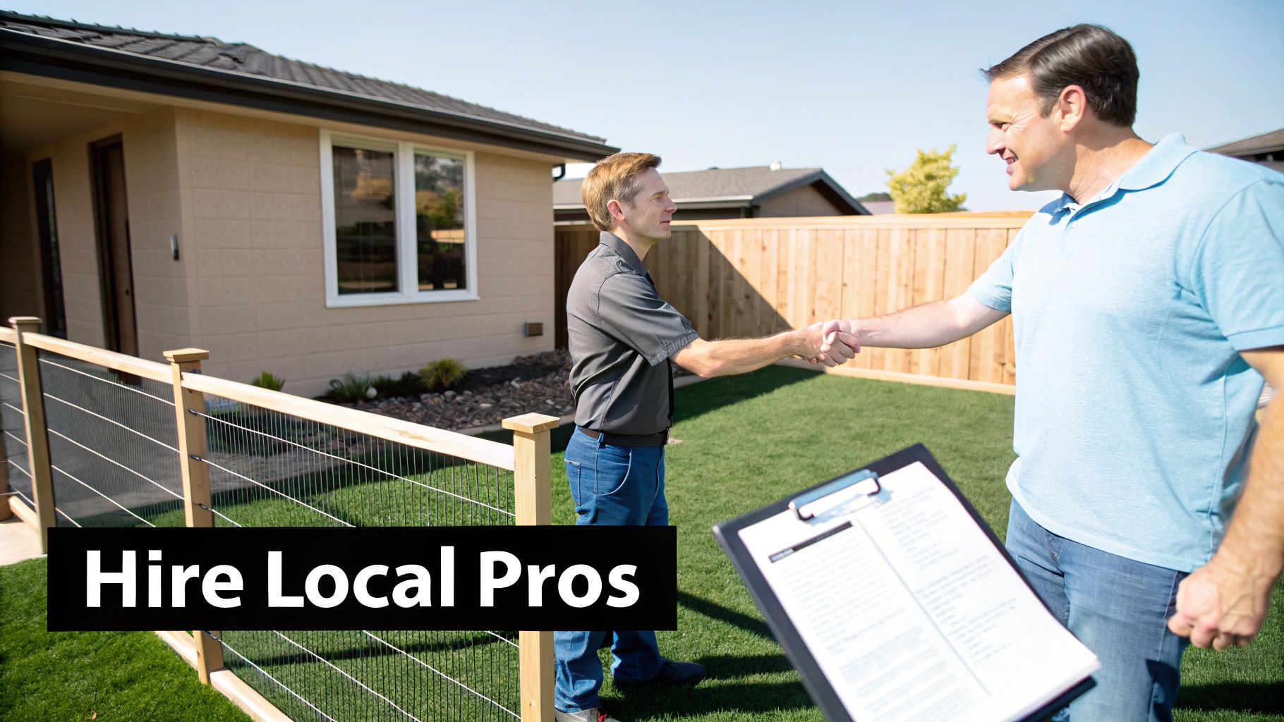Two men shake hands in a sunny backyard with green turf and a house, discussing home services.