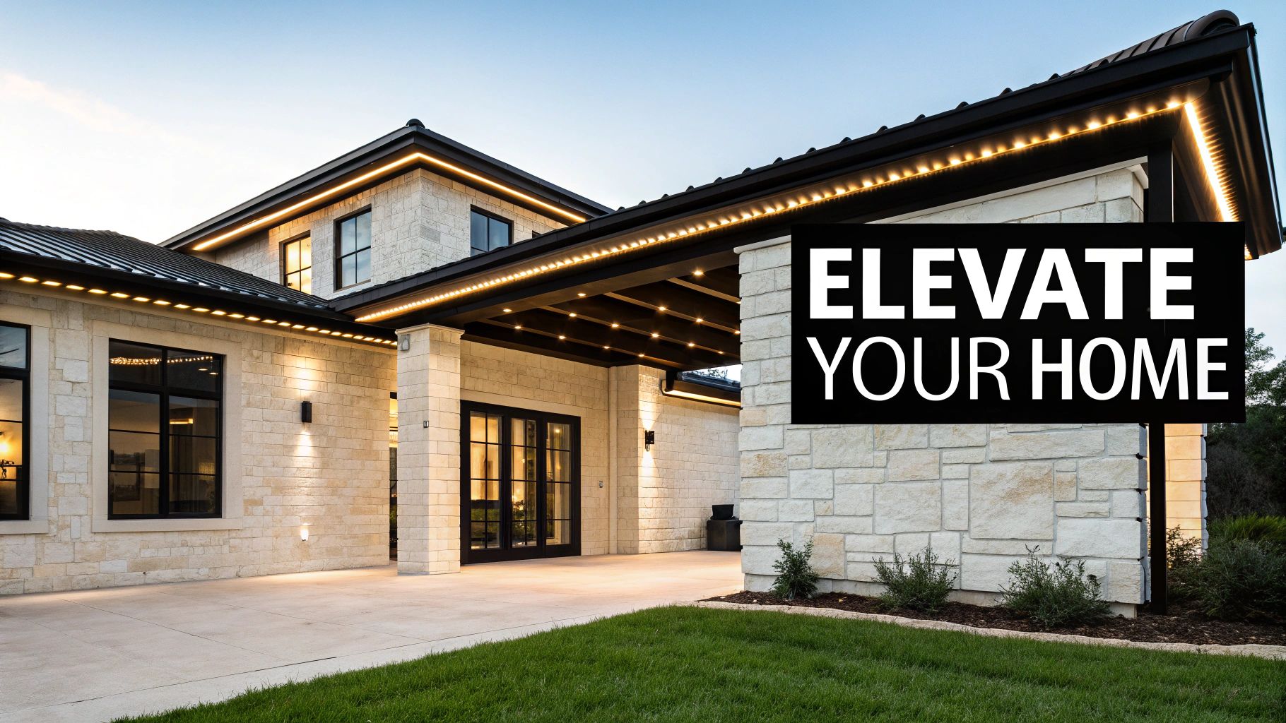 A luxurious modern home at dusk with warm LED strip lighting illuminating the roofline and eaves.