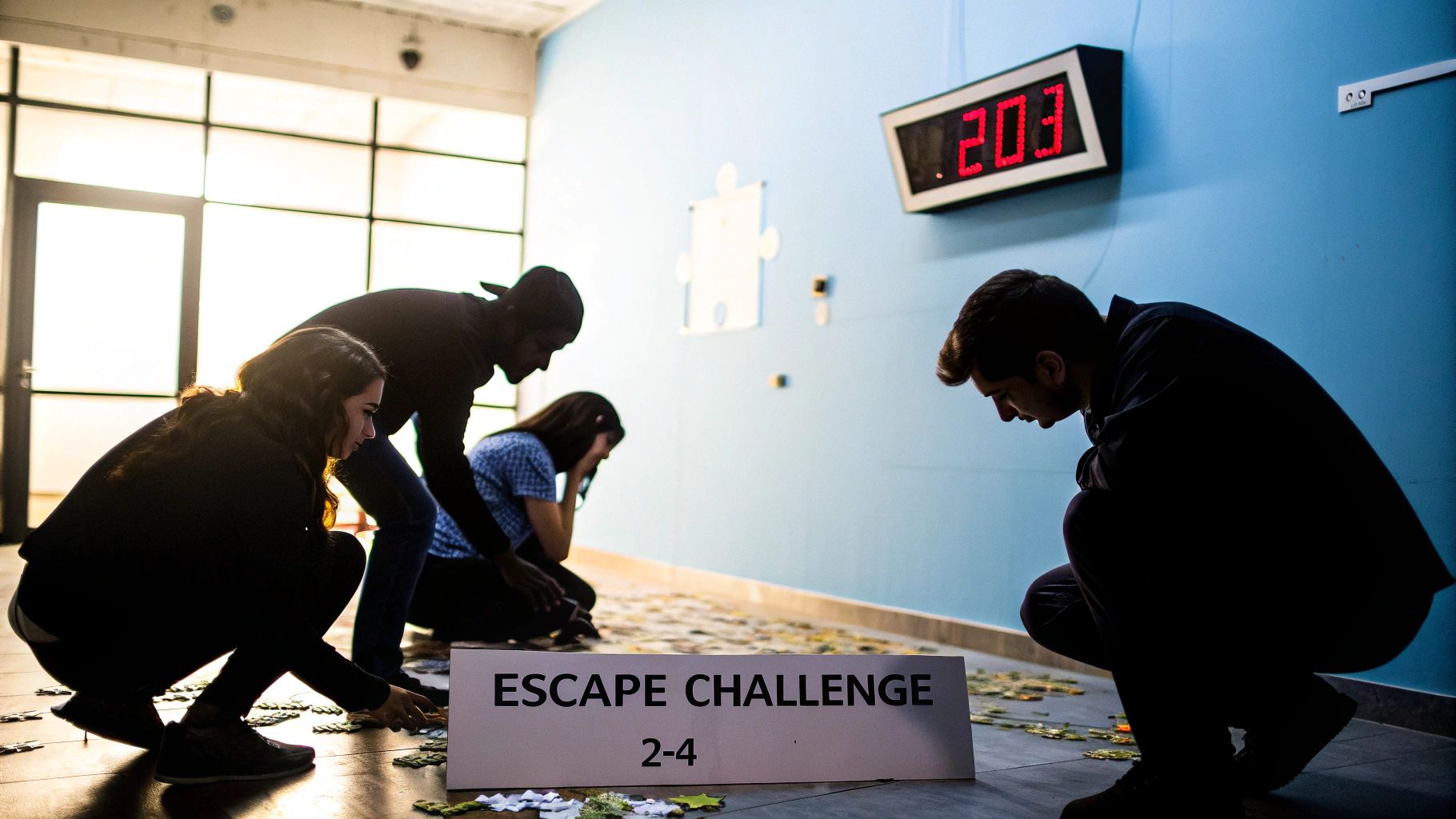 Four young adults intensely participate in an 'Escape Challenge' game, surrounded by puzzle pieces, with a timer running.