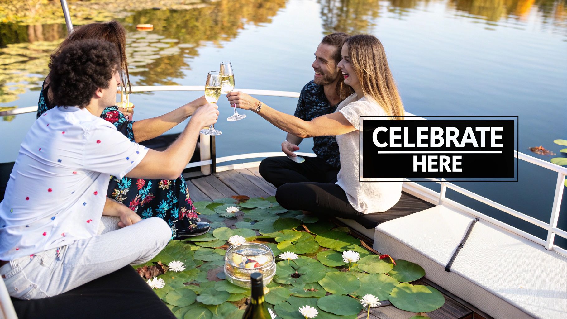 Joyful friends celebrating on a lake party barge, toasting with champagne amidst water lilies.