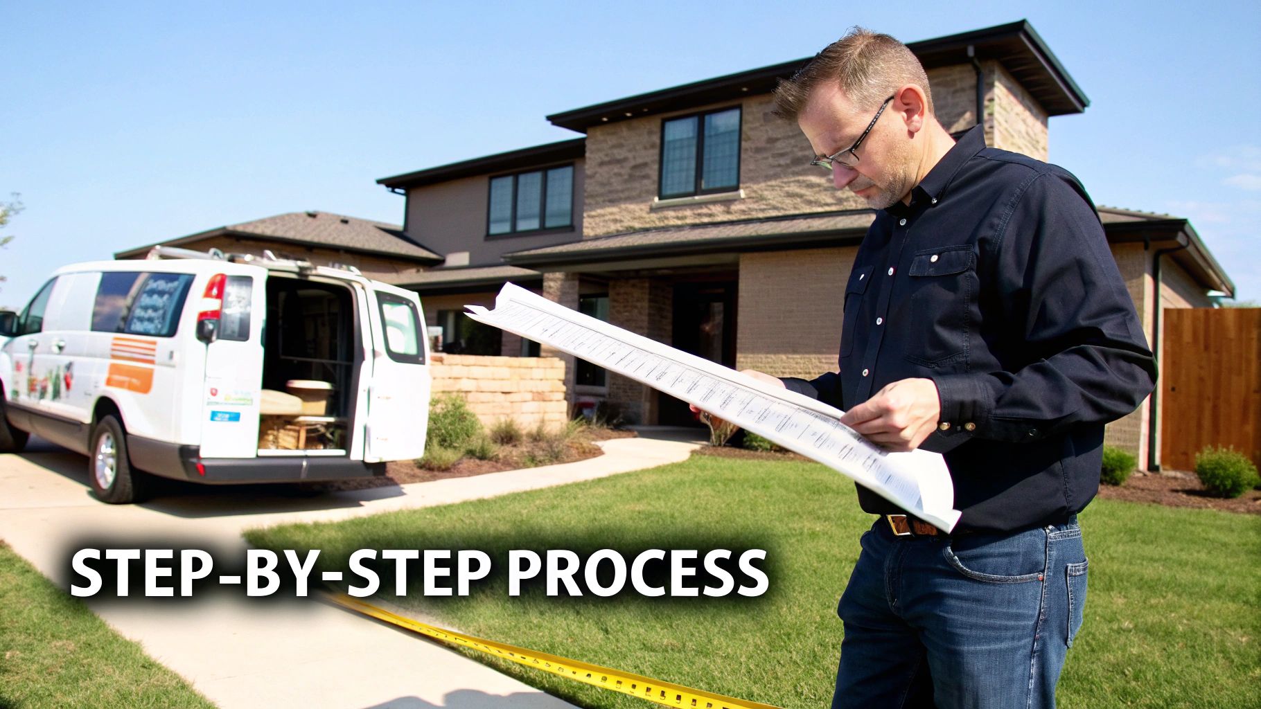 Contractor inspecting plans near a modern house with a work van and measuring tape.