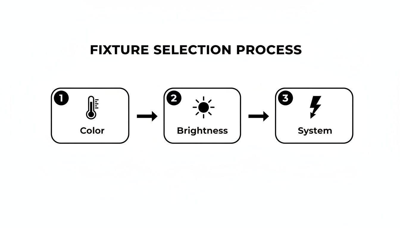 Flowchart illustrating the fixture selection process, detailing steps for color, brightness, and system choices.