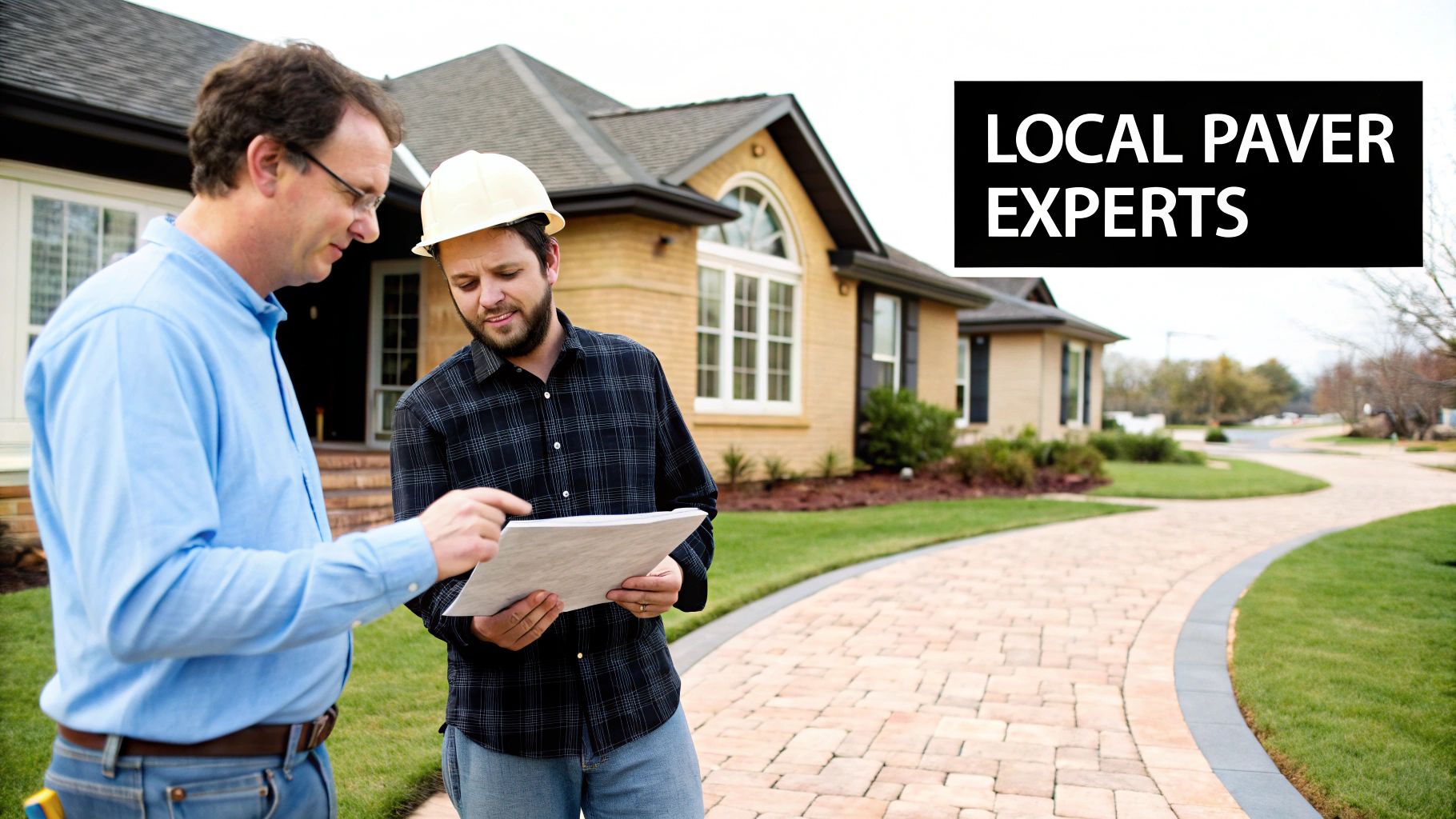 A contractor and a homeowner review plans for a brick paver walkway in front of a house.