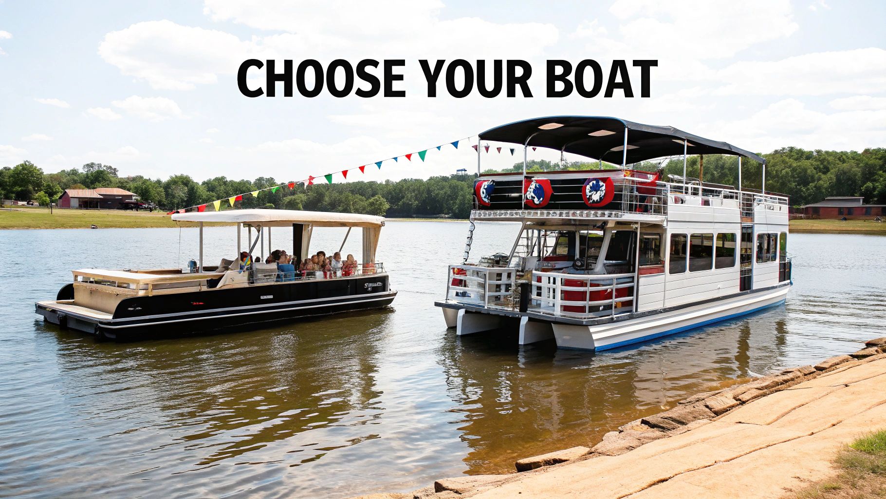 Two recreational boats, including a large double-decker, float on a lake with people enjoying the ride.