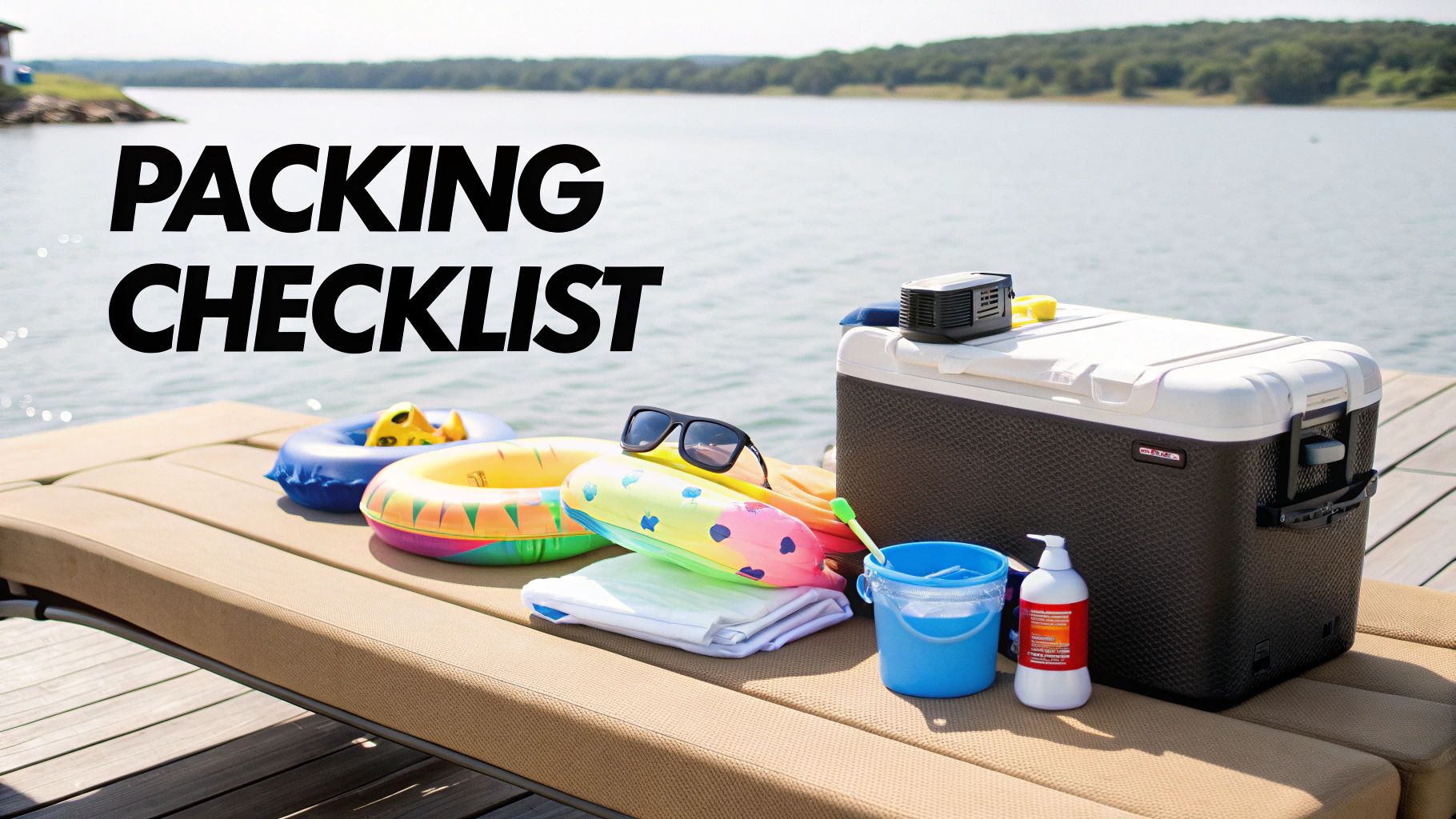 Lake trip essentials, including inflatables, cooler, towels, and sunscreen, laid out on a boat dock.