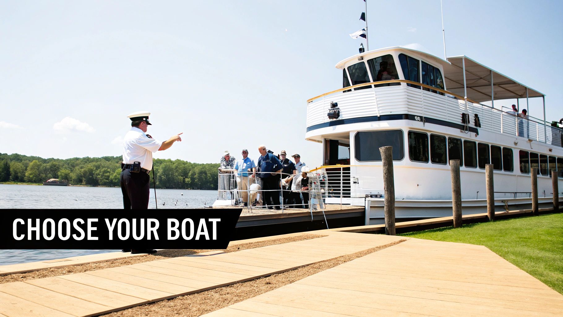 A uniformed captain on a wooden dock points towards a large white passenger boat with people on deck.