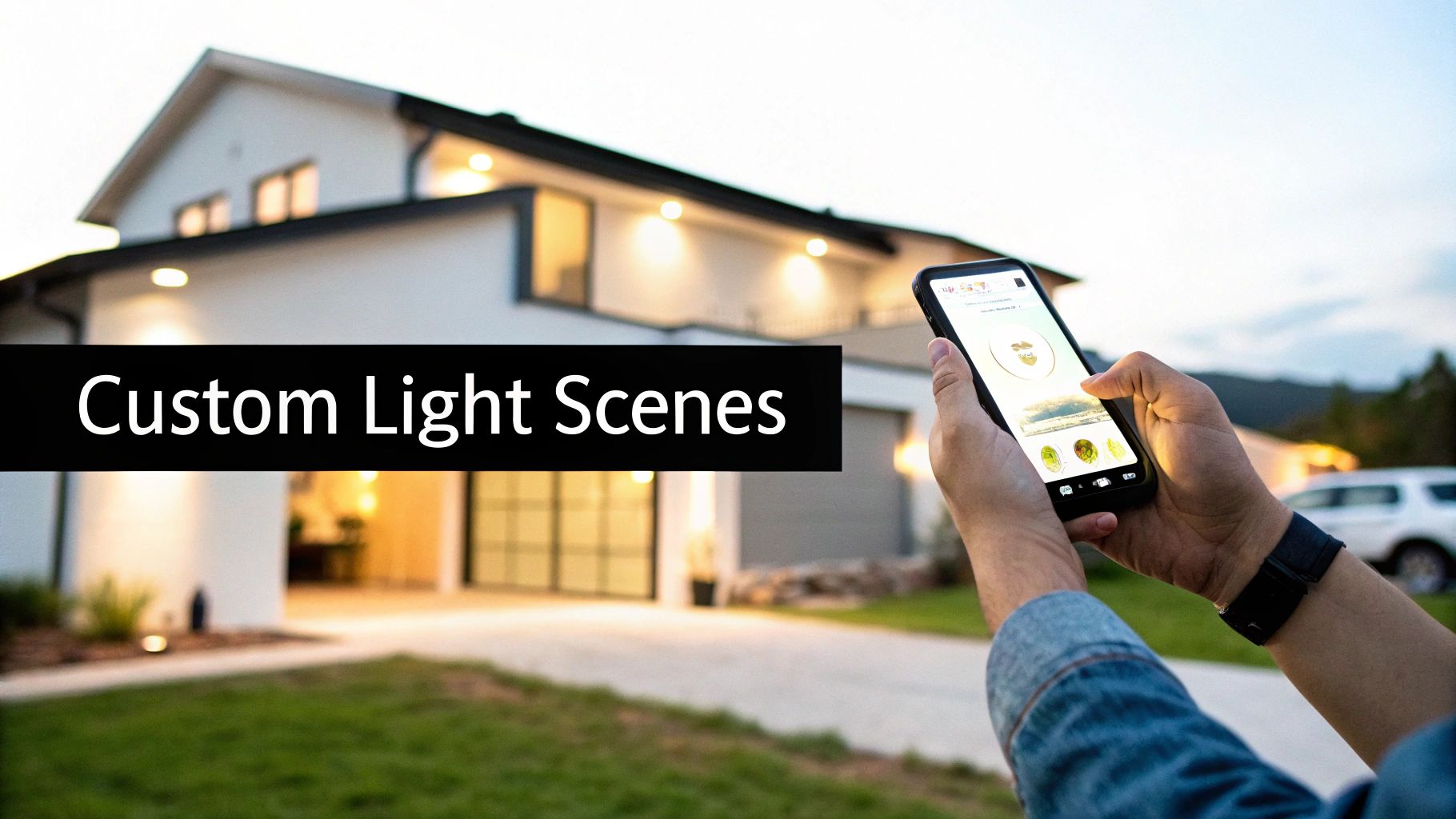 Person using a smartphone app to control custom light scenes on a modern house's exterior.