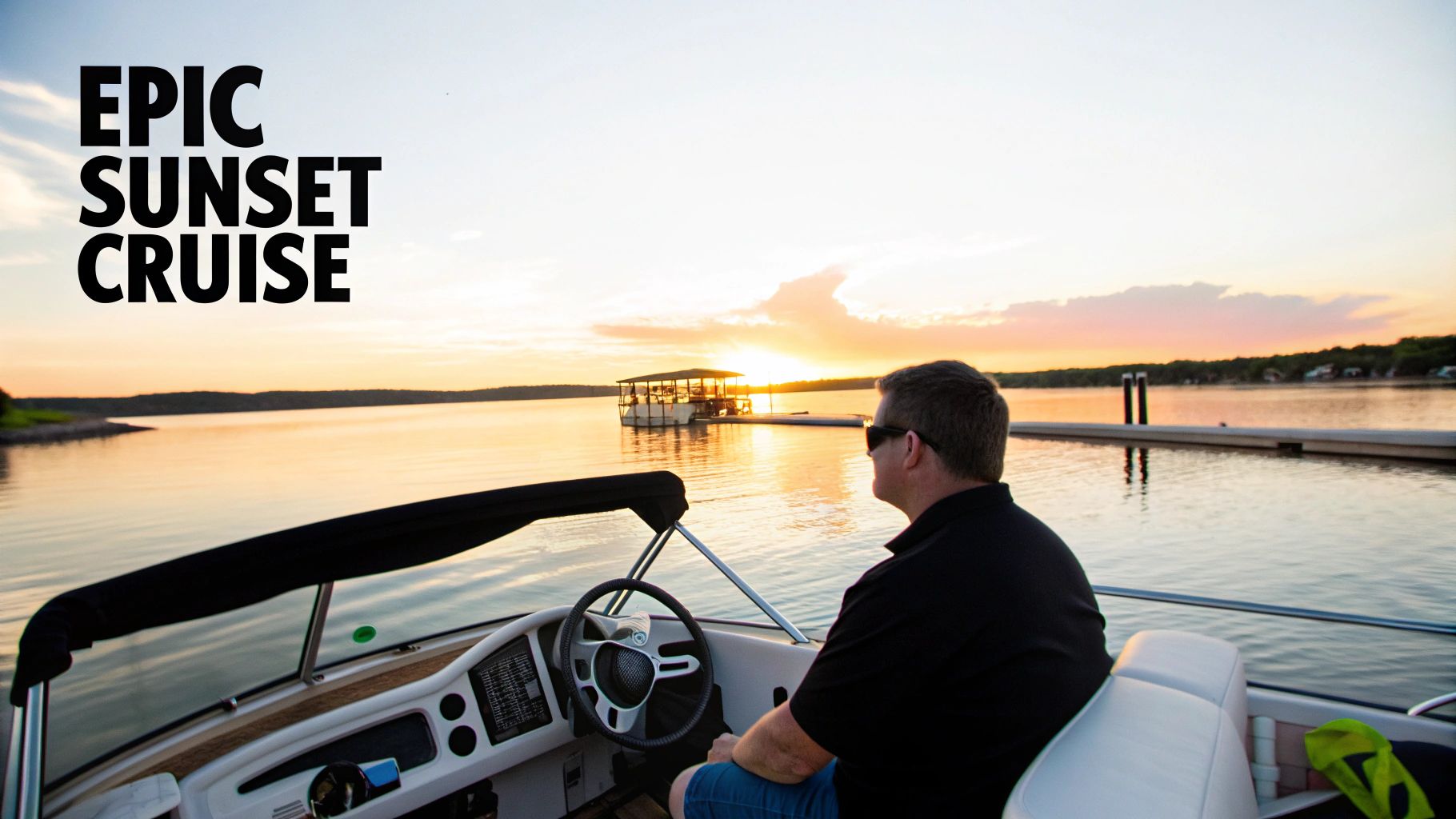 A man in a boat on a calm lake enjoying a beautiful sunset, with text 'EPIC SUNSET CRUISE'.