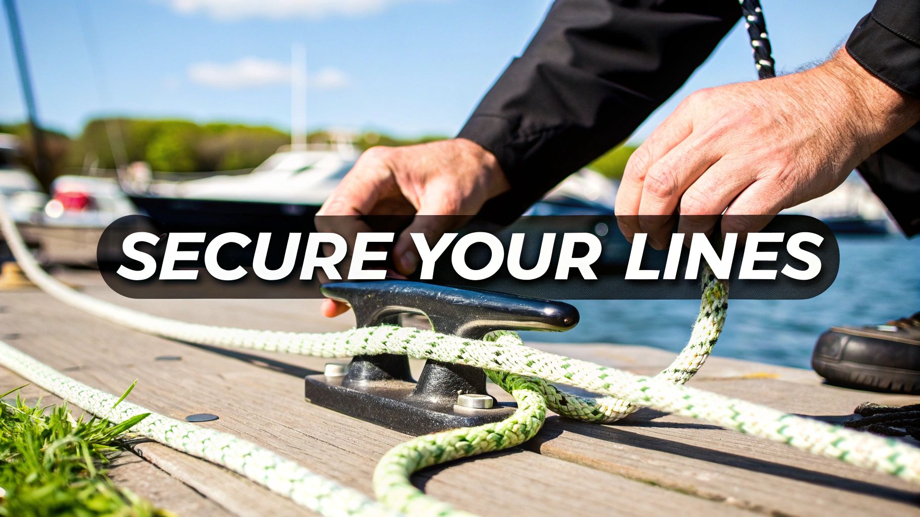 Two people securing a boat to a dock with ropes.