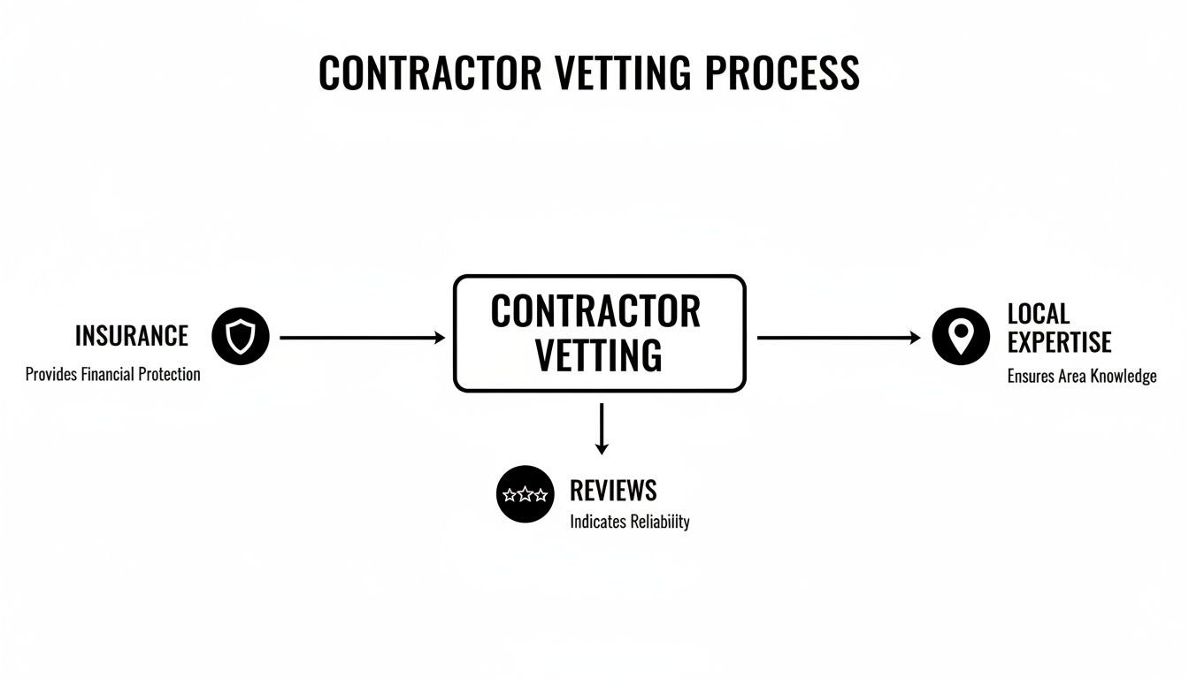 Flowchart showing the contractor vetting process with insurance, local expertise, and reviews.