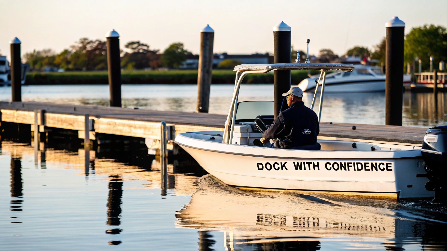 A boat being skillfully docked at a sunny marina.