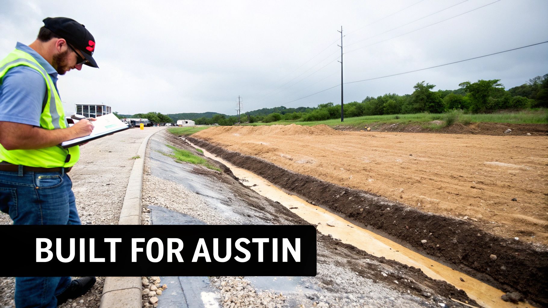 A construction worker in a safety vest inspects a newly dug trench at a site in Austin, TX.