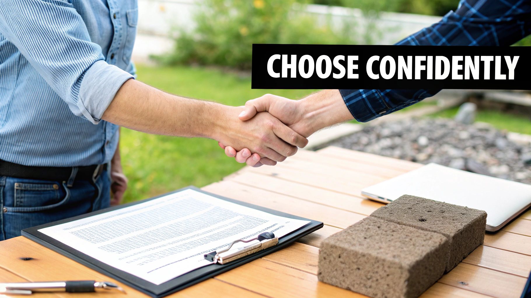 Two men shake hands over a wooden table with documents, a laptop, and paver samples, embodying confidence.
