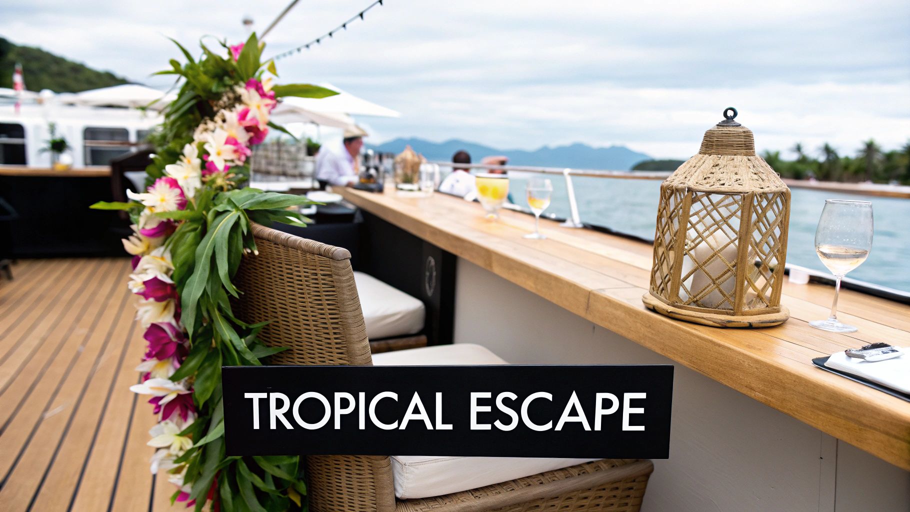 A festive boat deck decorated with tropical flowers, featuring a bar, drinks, and people enjoying a tropical escape.