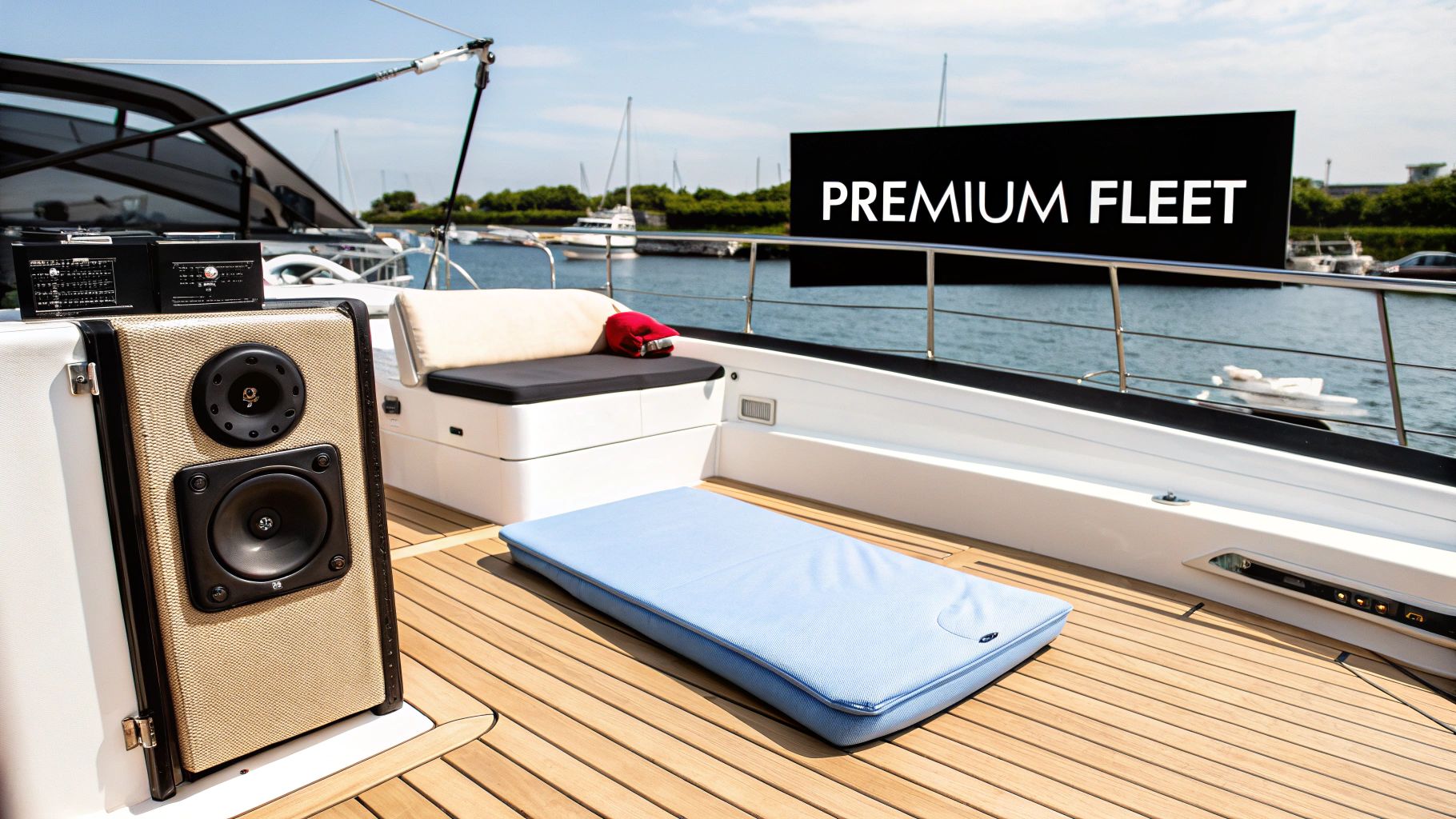 A luxurious yacht deck with a sophisticated audio system, cushions, and 'PREMIUM FLEET' banner.
