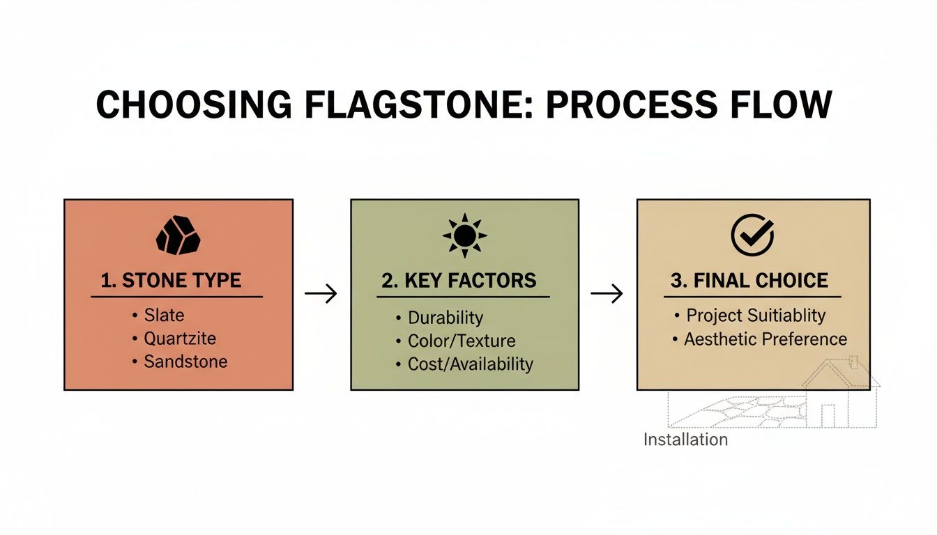 A diagram outlining the three-step process for choosing flagstone, from stone types to installation.