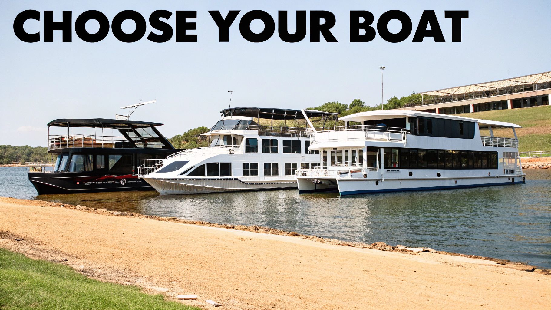 Three large, diverse party boats docked on a sunny lake, with a sandy bank.