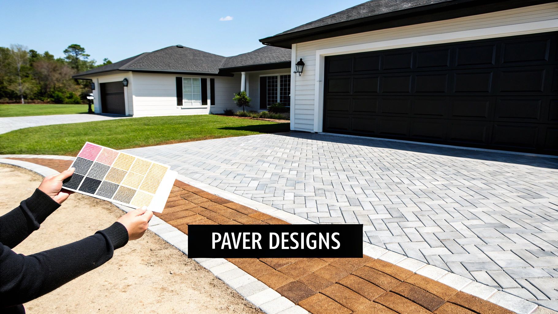 Person holding paver color samples for a new paver driveway and house.