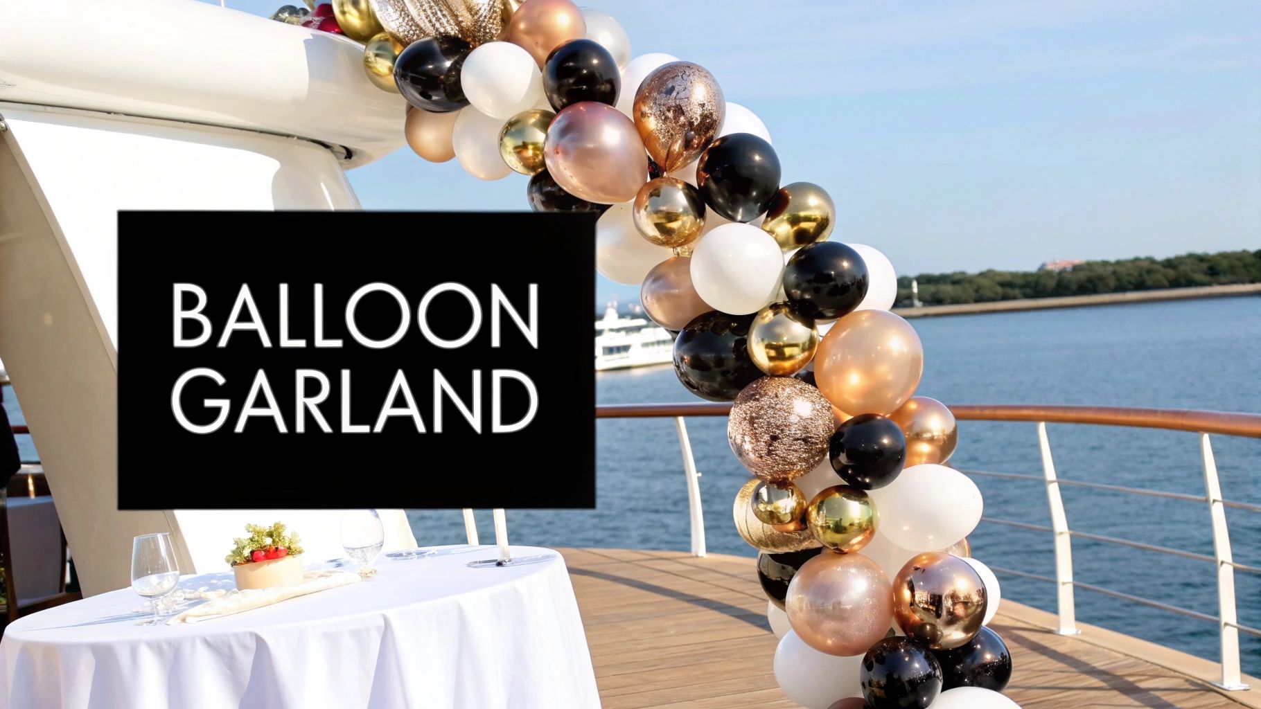 A luxurious balloon garland in black, white, gold, and rose gold decorates a yacht deck with a set dining table.