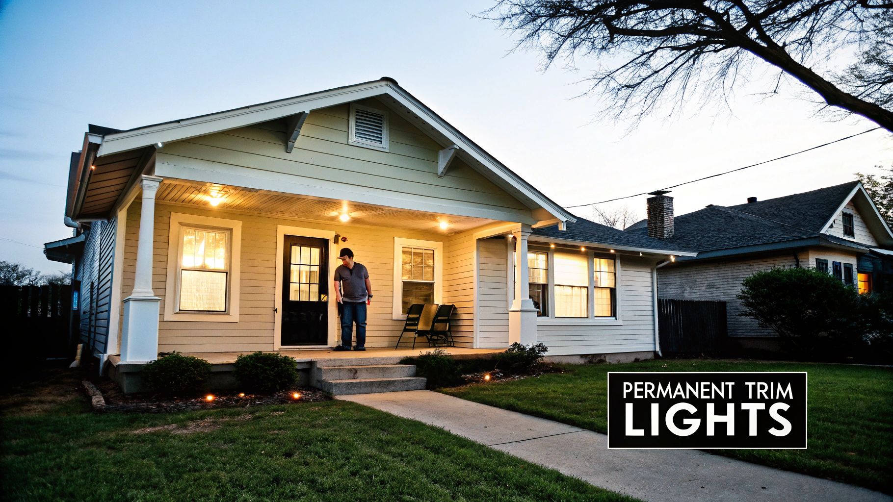 A cozy house at dusk with a man on the porch and permanent trim lights illuminating the roofline and ground.