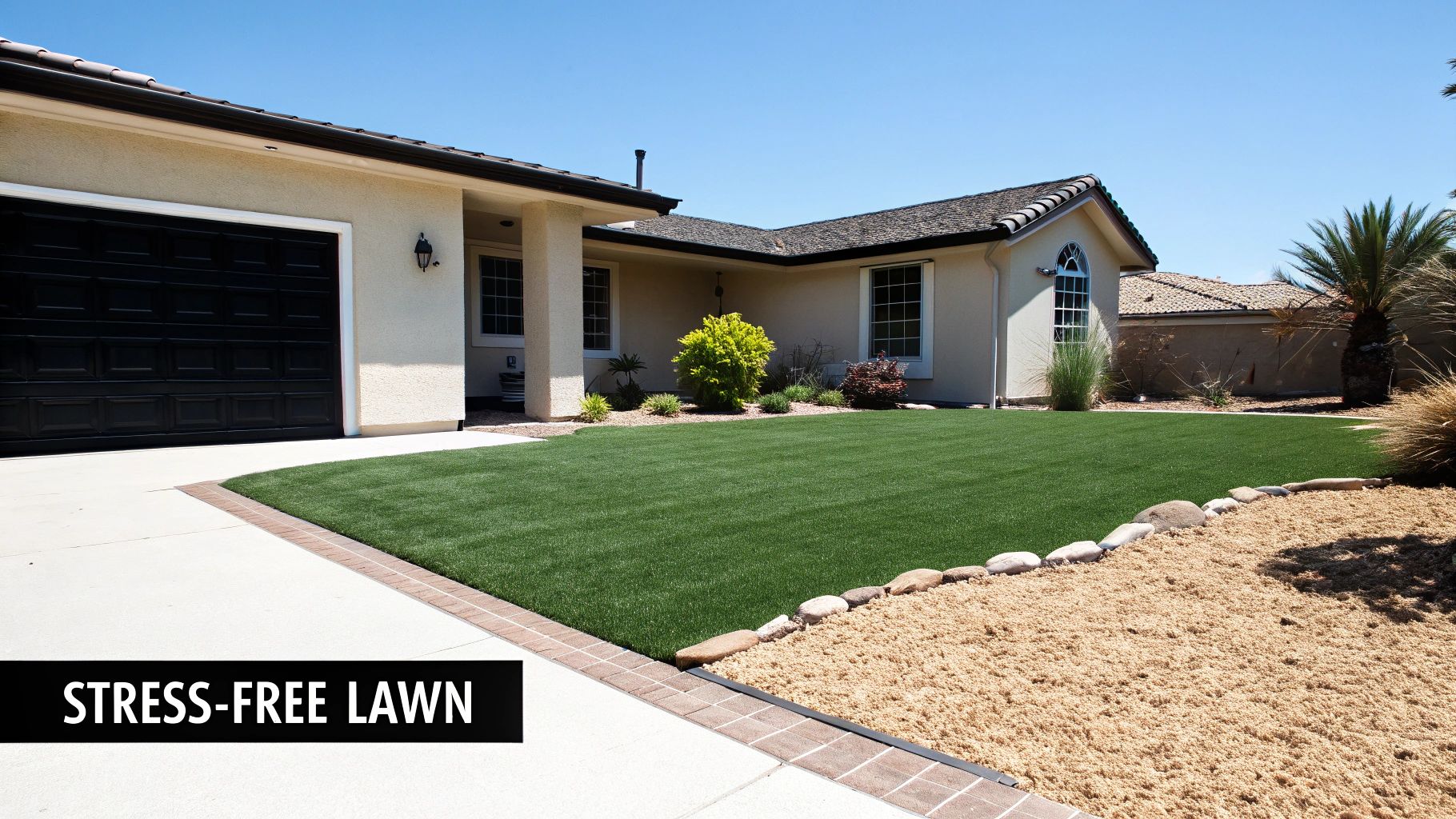 A modern home features a lush green synthetic turf lawn, a paved driveway, and desert landscaping.
