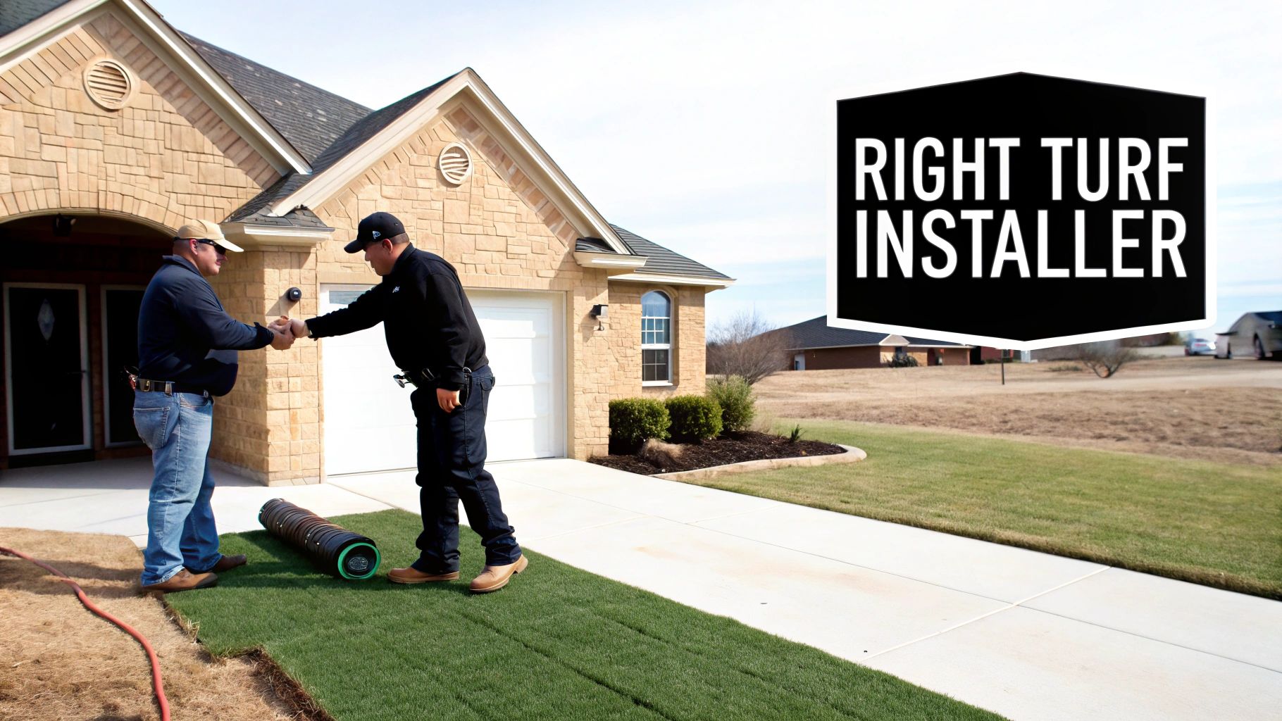 A newly installed artificial turf lawn in a residential backyard, looking green and perfect.