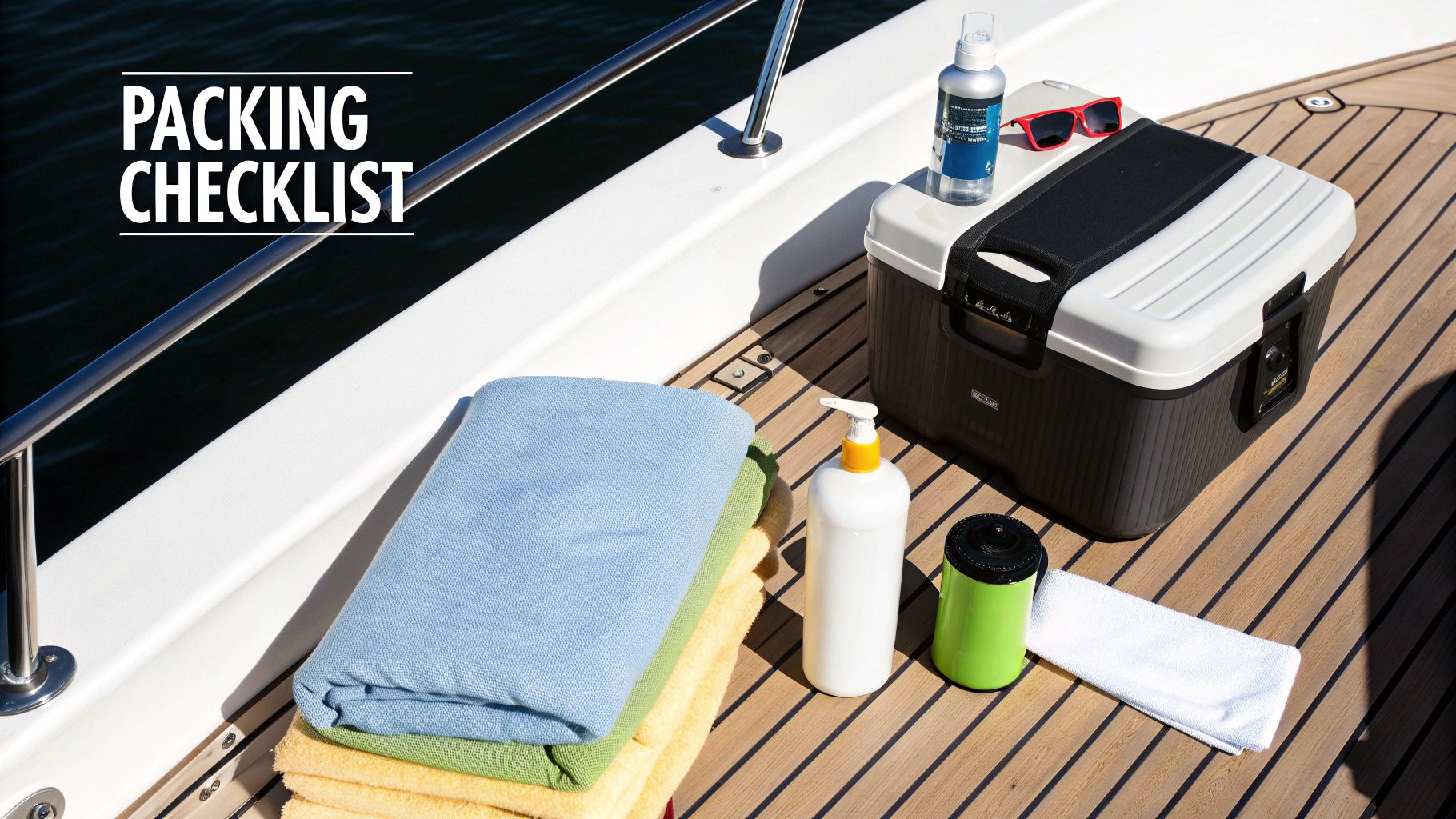 A boat deck with a packing checklist, featuring towels, cooler, sunscreen, and sunglasses for a trip.