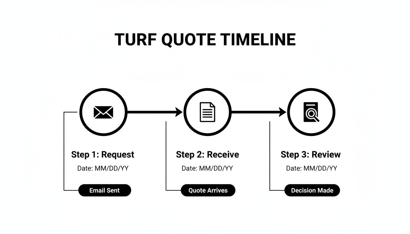Timeline diagram showing the turf quote process with steps for request, receive, and review.