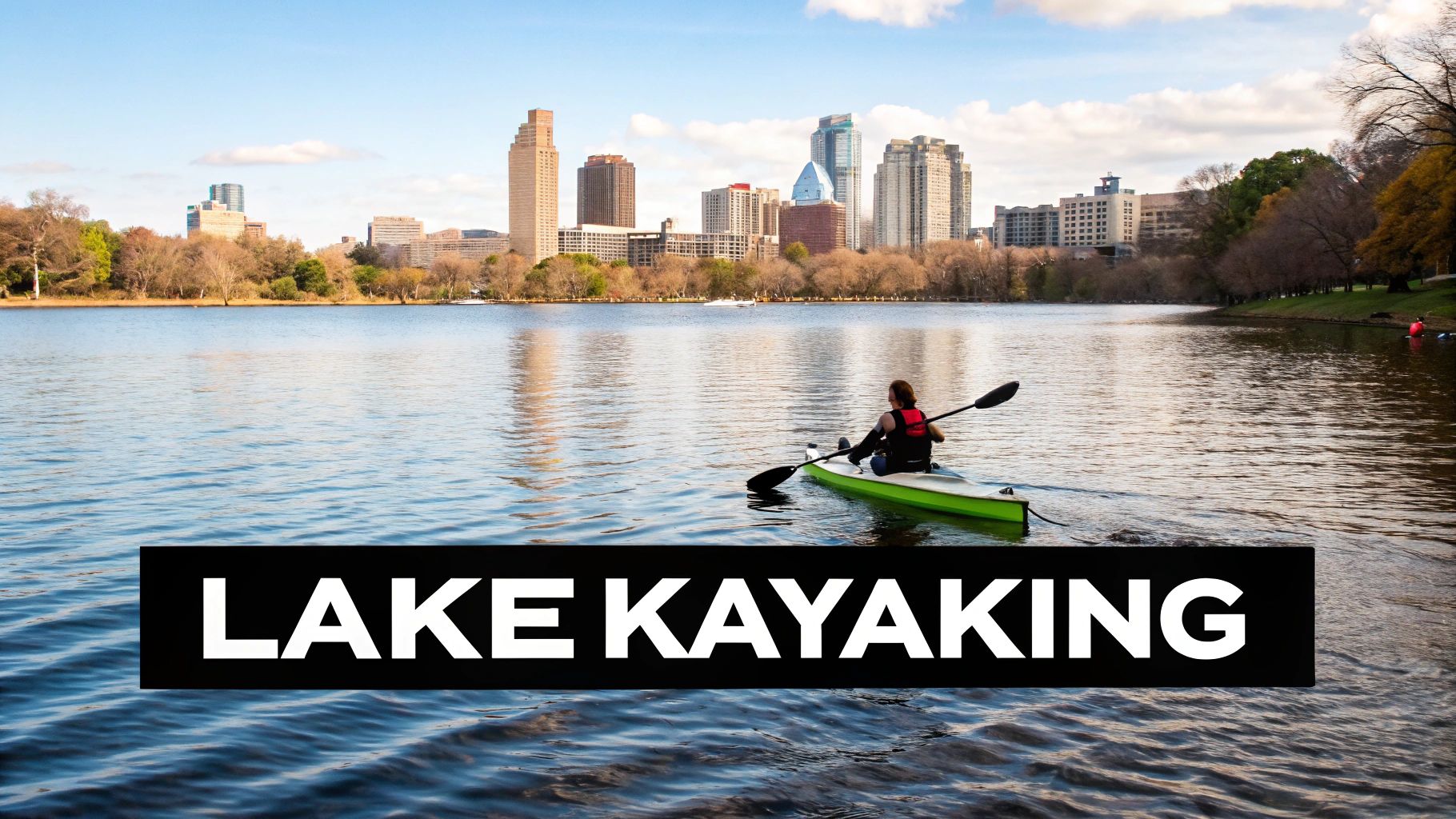 Kayaks on Lady Bird Lake with the Austin skyline in the background