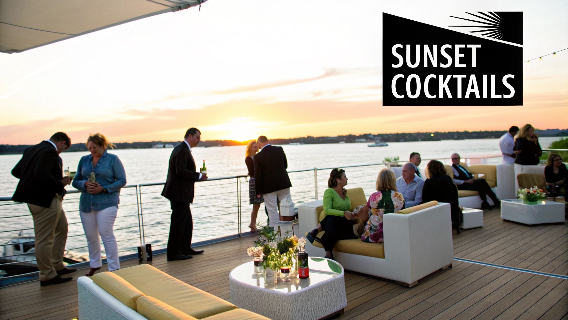 Guests mingle on a yacht deck during a beautiful sunset cocktail party.