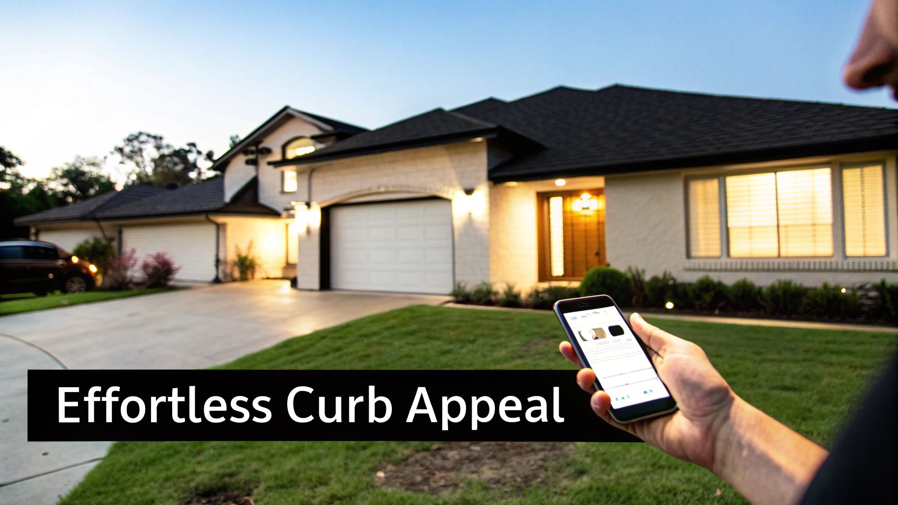 A person uses a smartphone to control the smart lighting of a modern house at dusk, enhancing its curb appeal.