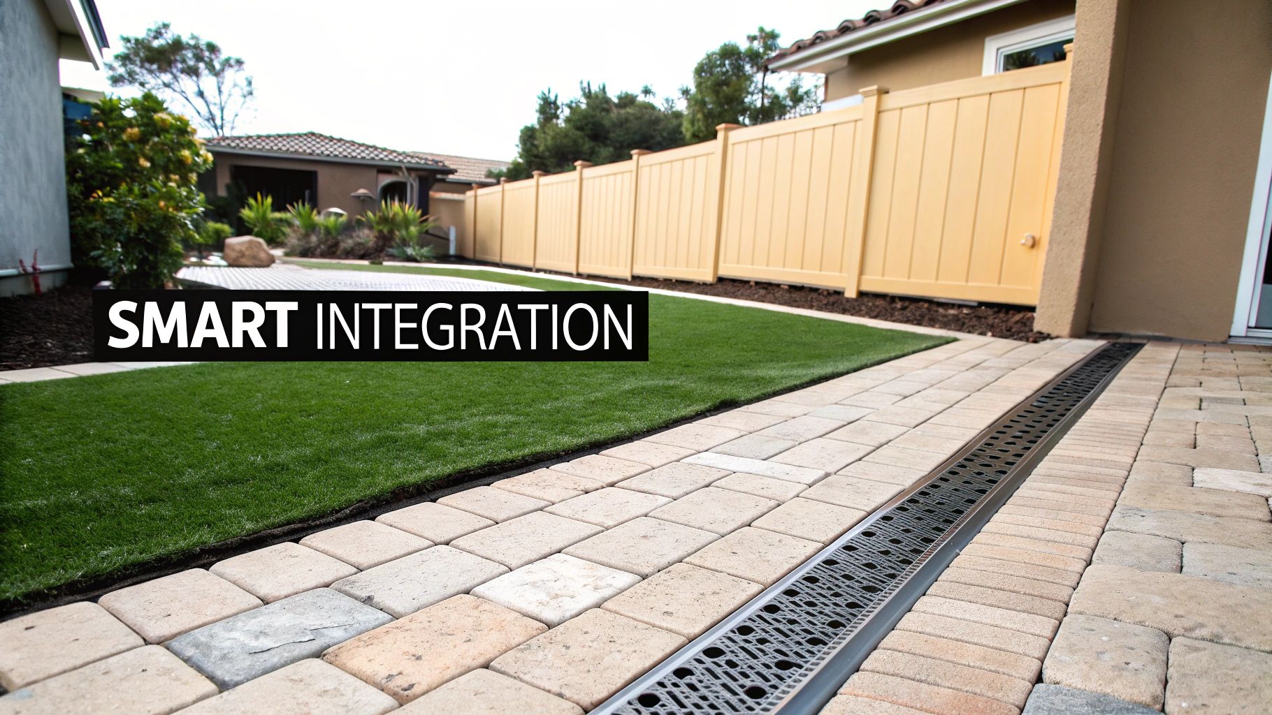 A backyard with a paver walkway, modern linear drainage system, and lush artificial turf.