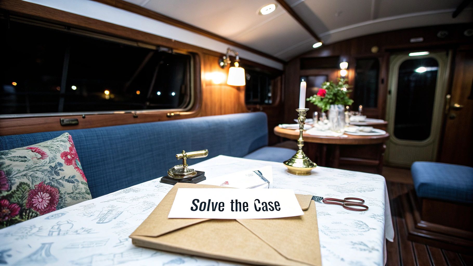 An envelope saying 'Solve the Case' on a table inside a cozy boat cabin at night.